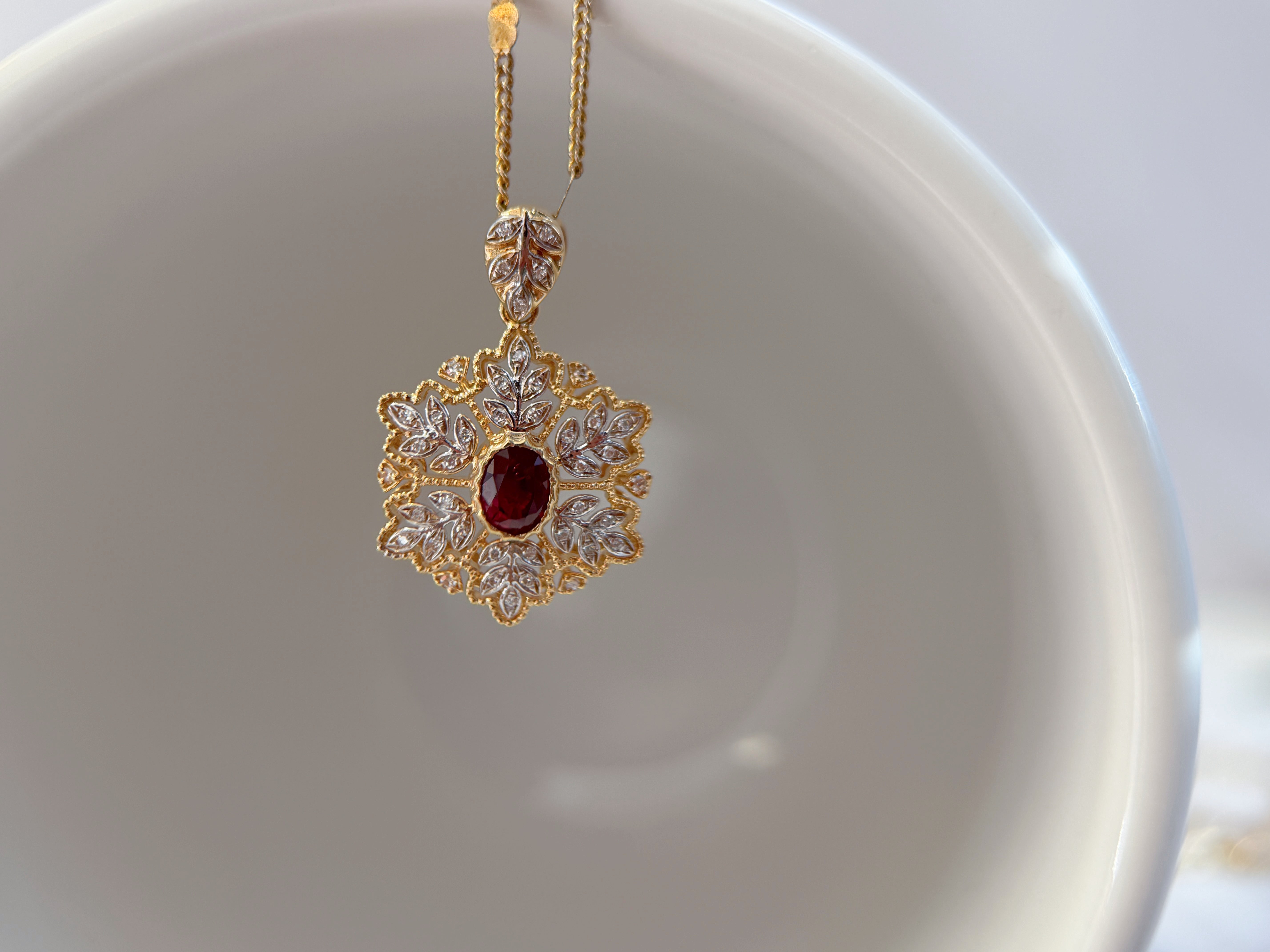 K18 Yellow Gold Ruby & Pavé Diamond Floral Pendant Necklace