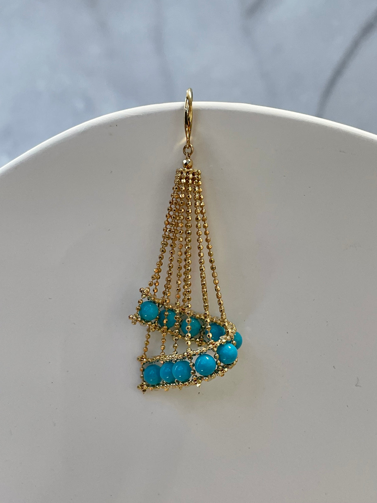K18 Sleepy Beauty Turquoise Lace Tassel Drop Earrings