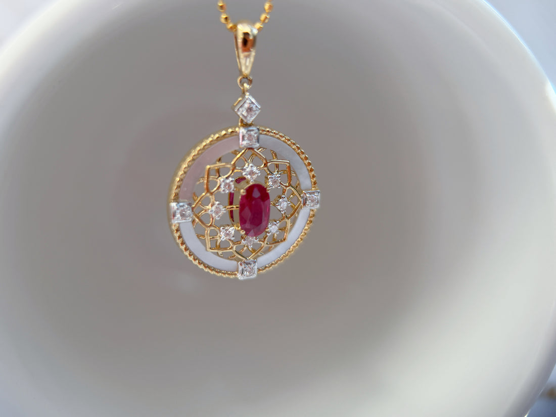 K18 Yellow Gold Ruby, White Mother-of-Pearl & Natural Diamond Pendant