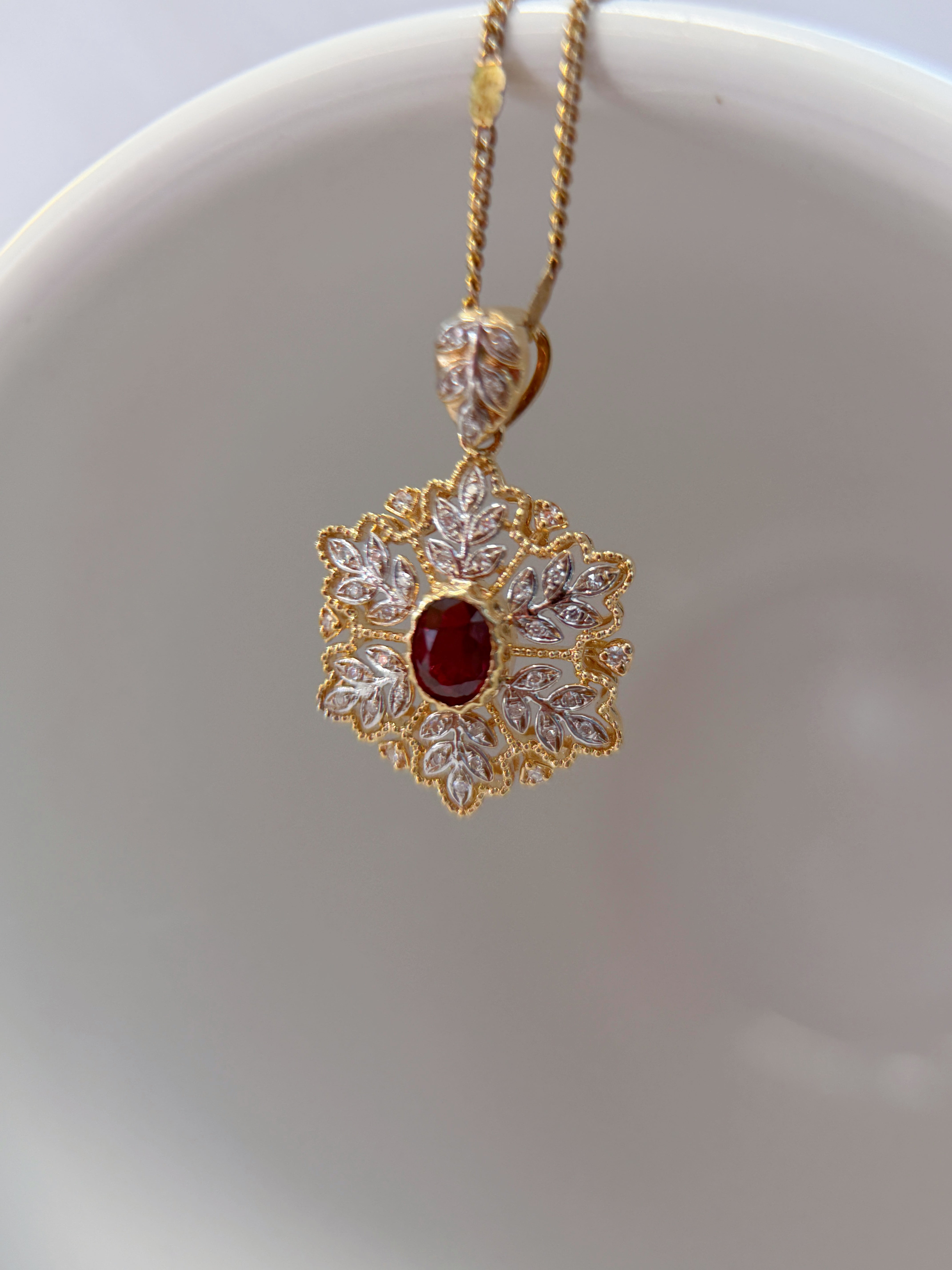 K18 Yellow Gold Ruby & Pavé Diamond Floral Pendant Necklace