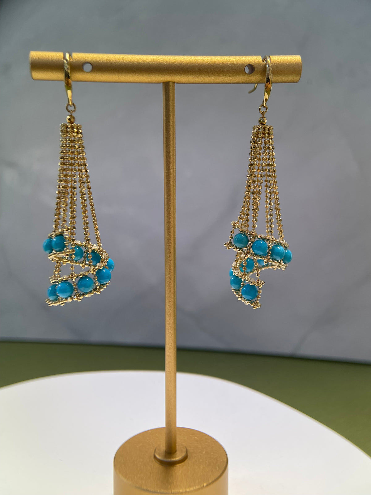 K18 Sleepy Beauty Turquoise Lace Tassel Drop Earrings