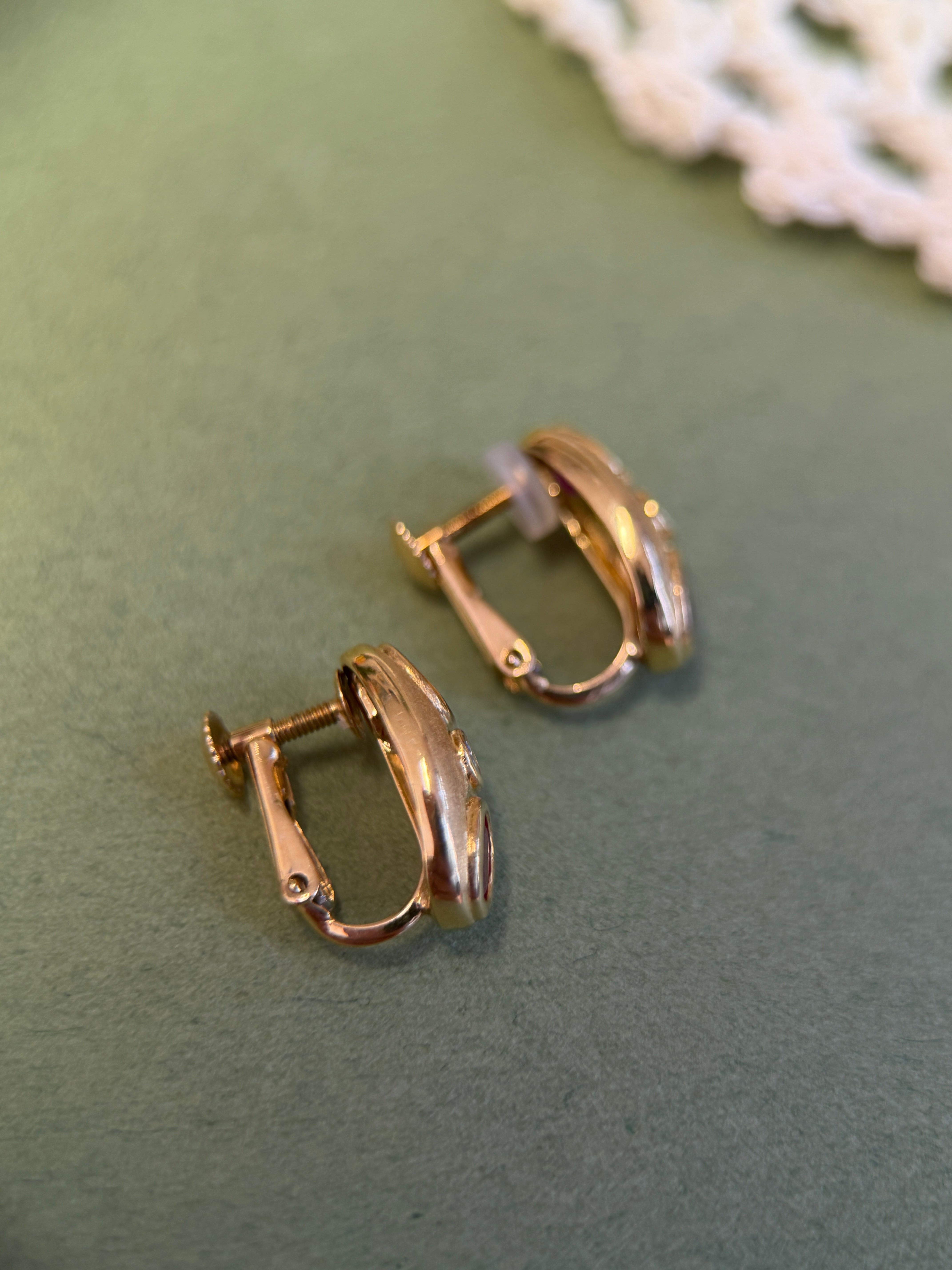 18K Yellow Gold Matte Oval Ruby Diamond Huggie Earrings