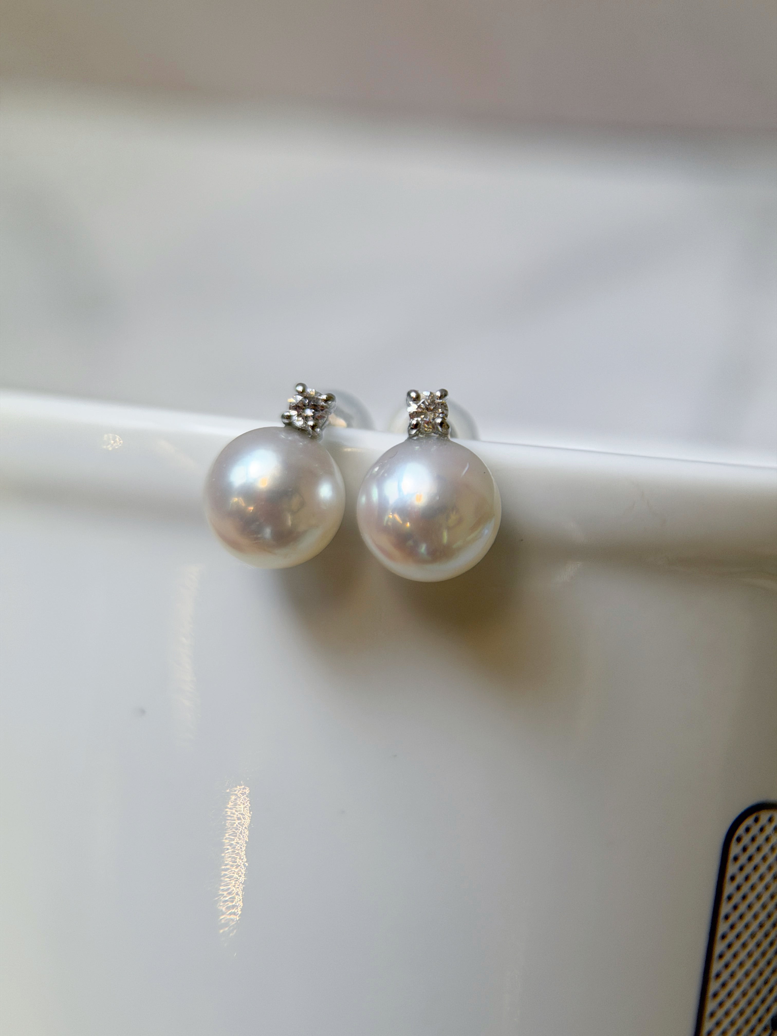 Diamond Akoya Pearl Drop Stud Earrings