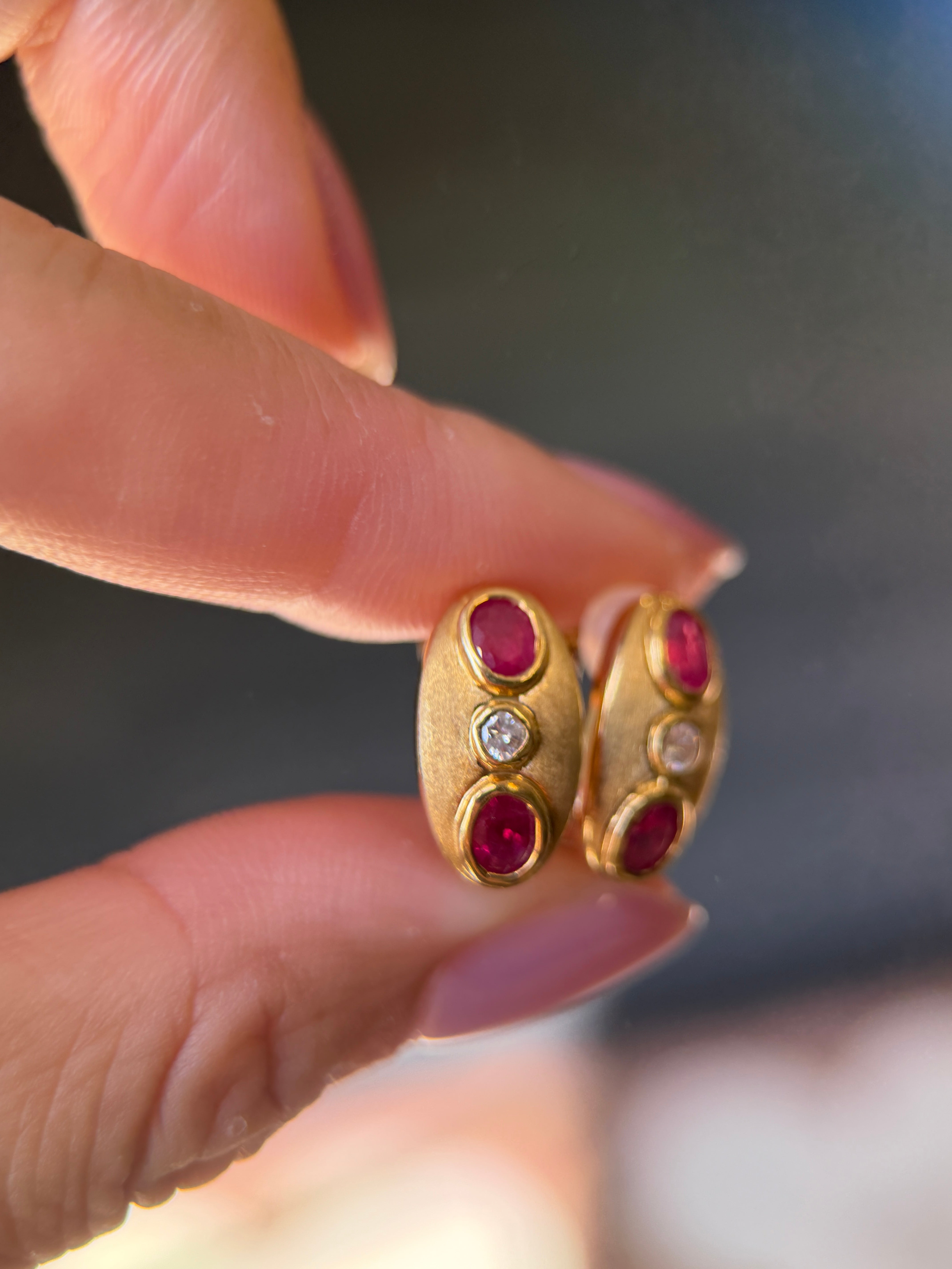 18K Yellow Gold Matte Oval Ruby Diamond Huggie Earrings