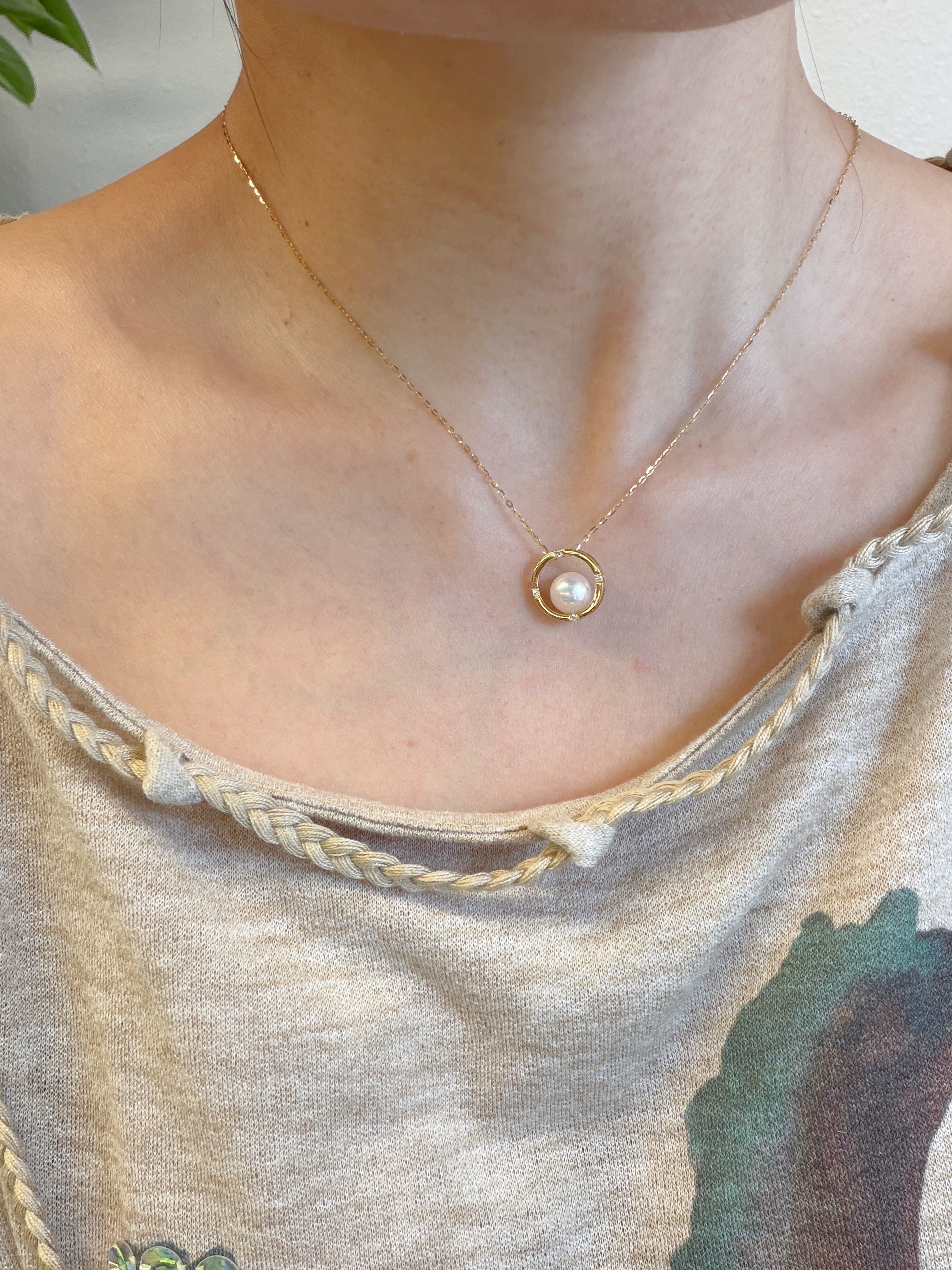 K18 Gold Akoya Pearl Diamond Circle Pendant Necklace (Pendant Only）