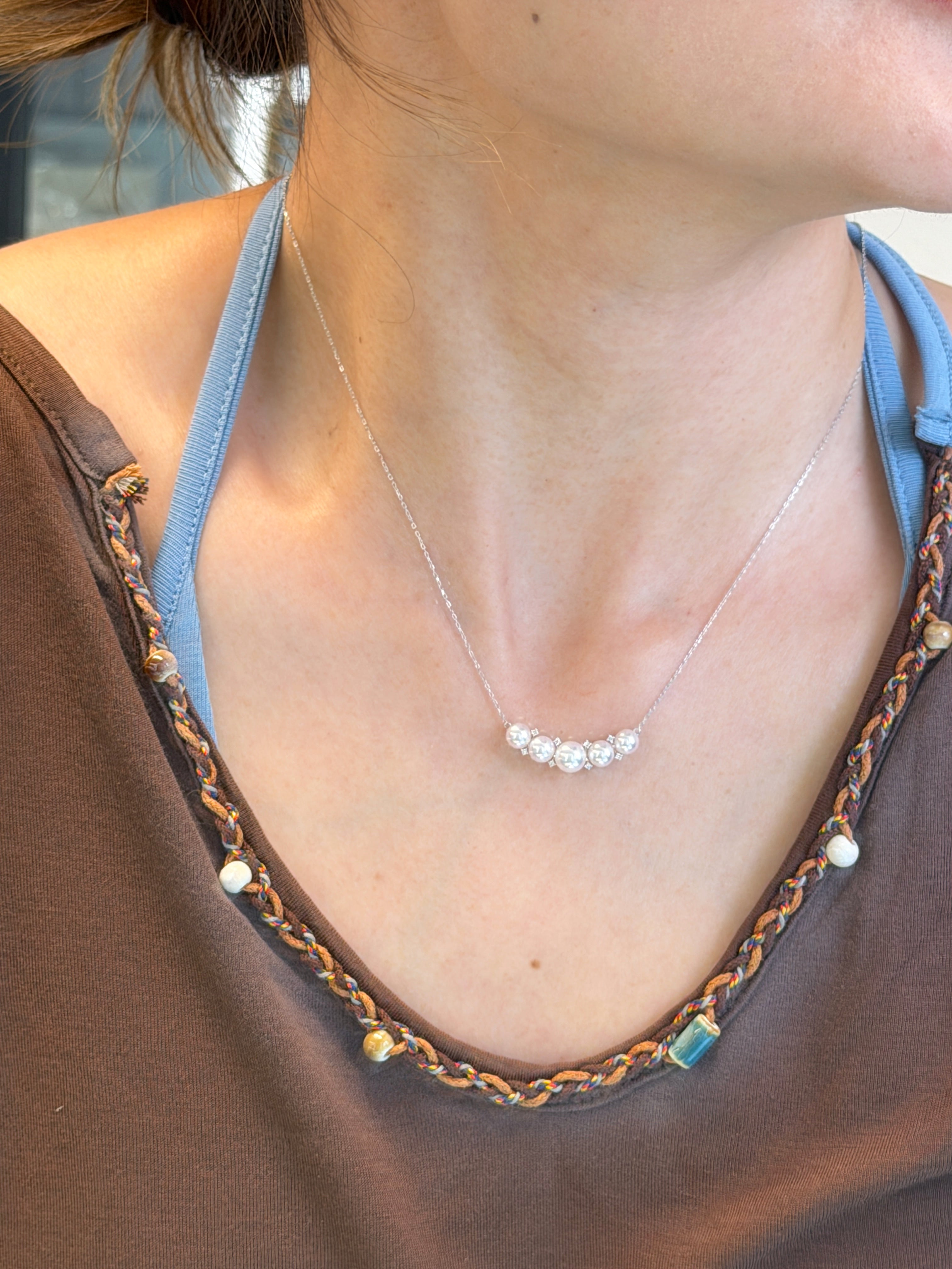 Akoya Pearl Natural Diamond Platinum Station Necklace