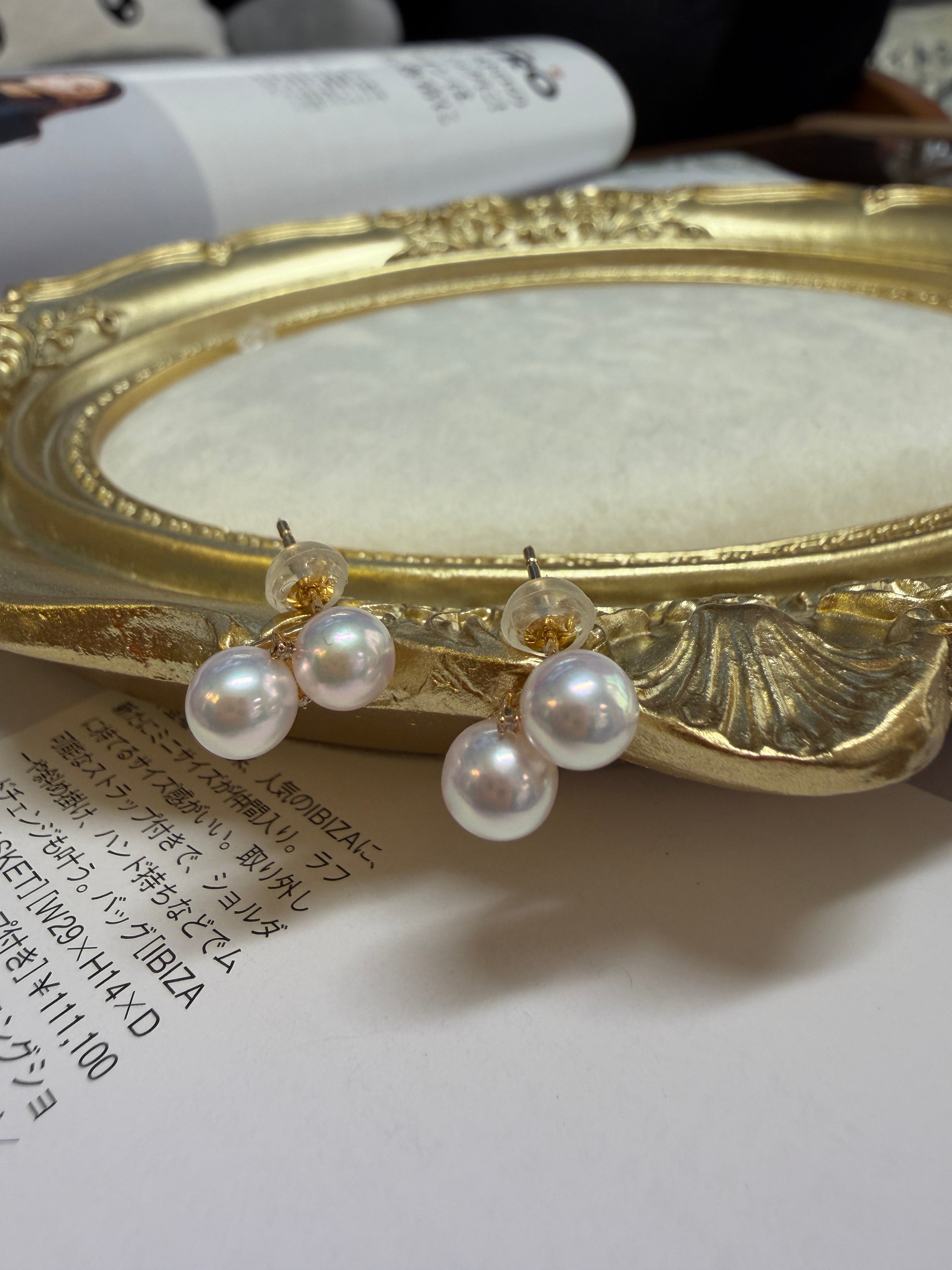 18K Gold Twin  6mm Akoya Pearl Drop Stud Earrings
