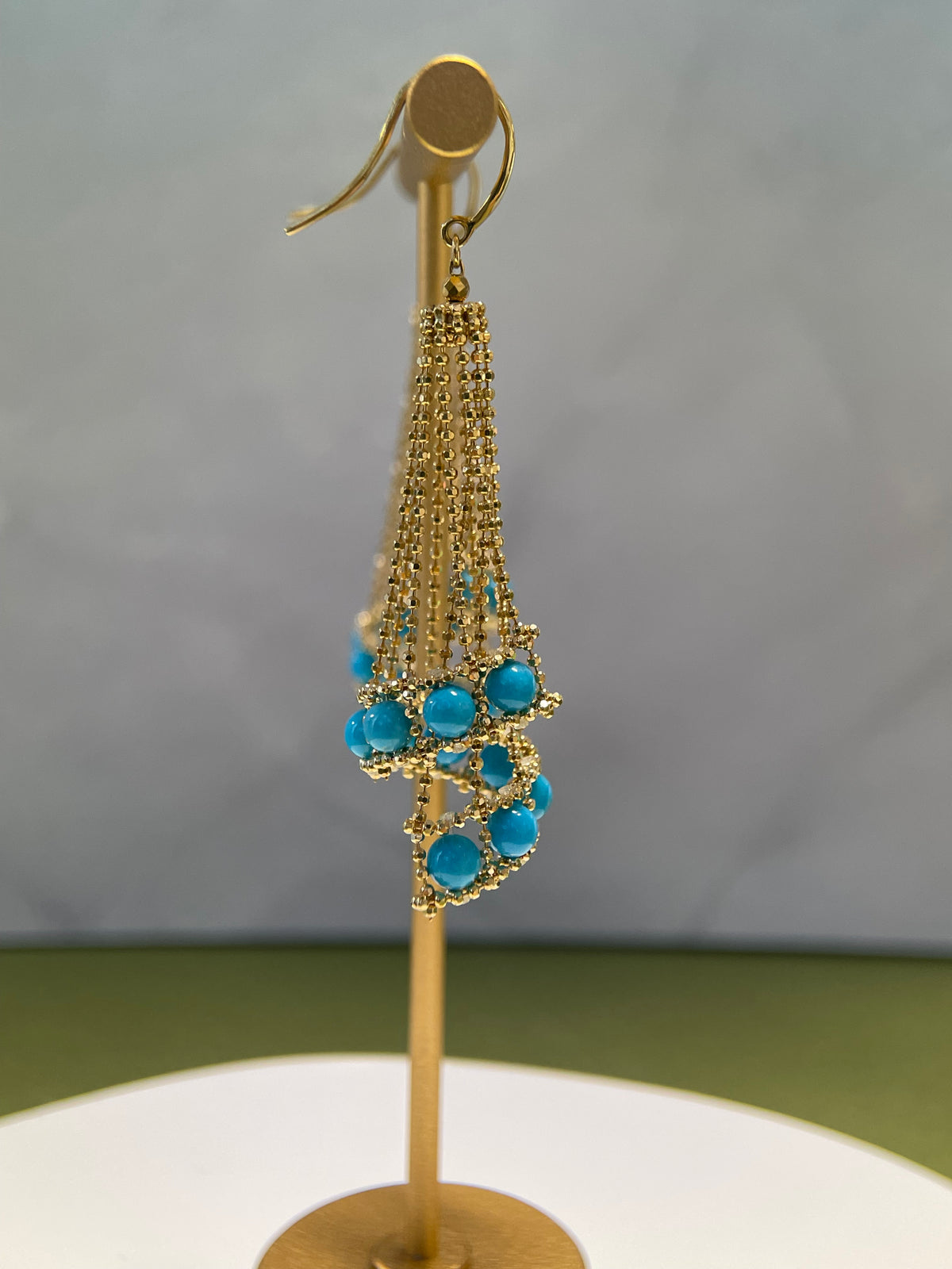 K18 Sleepy Beauty Turquoise Lace Tassel Drop Earrings