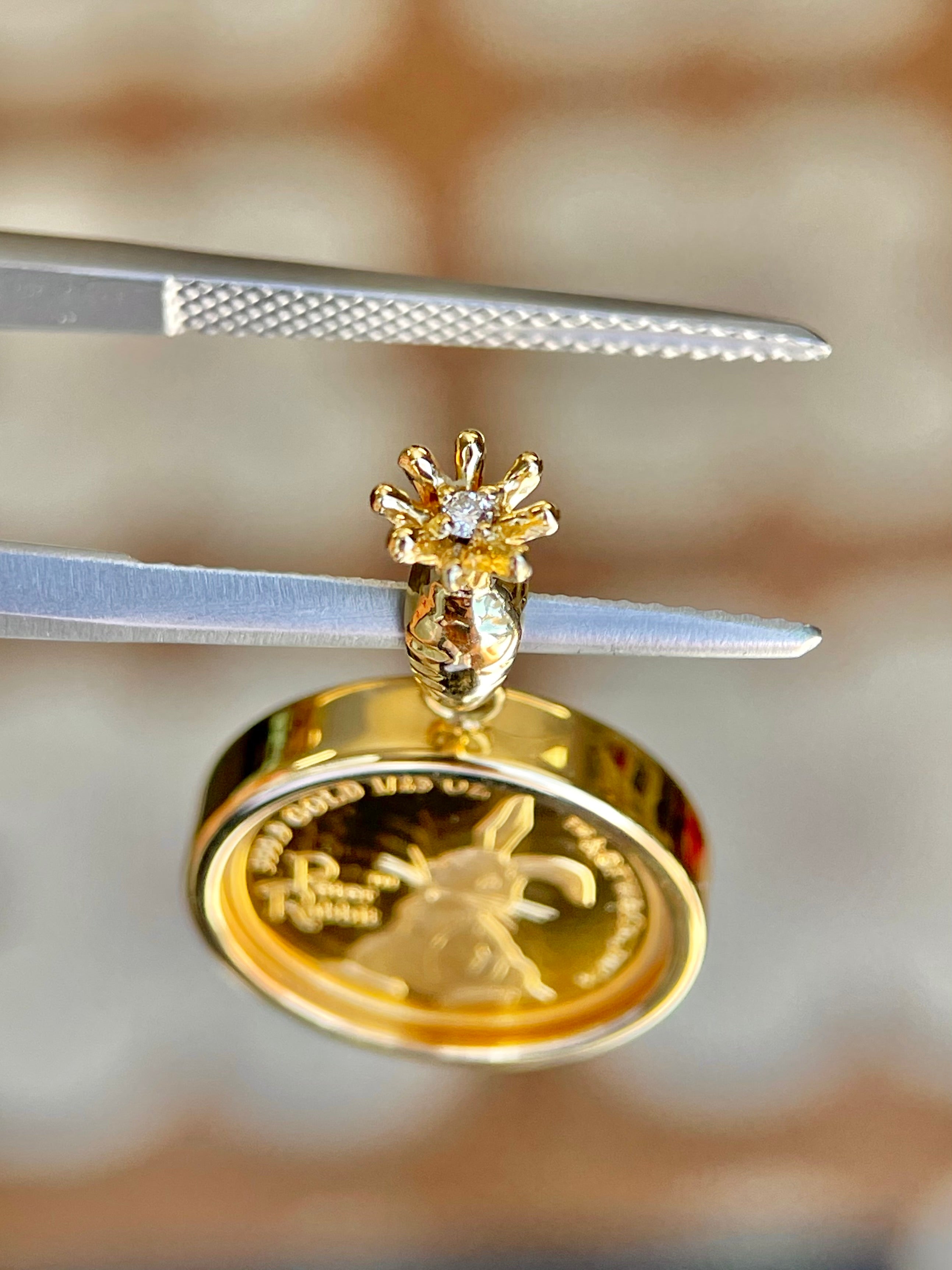 24K Peter Rabbit Gold Coin Pendant with 18K Gold Setting
