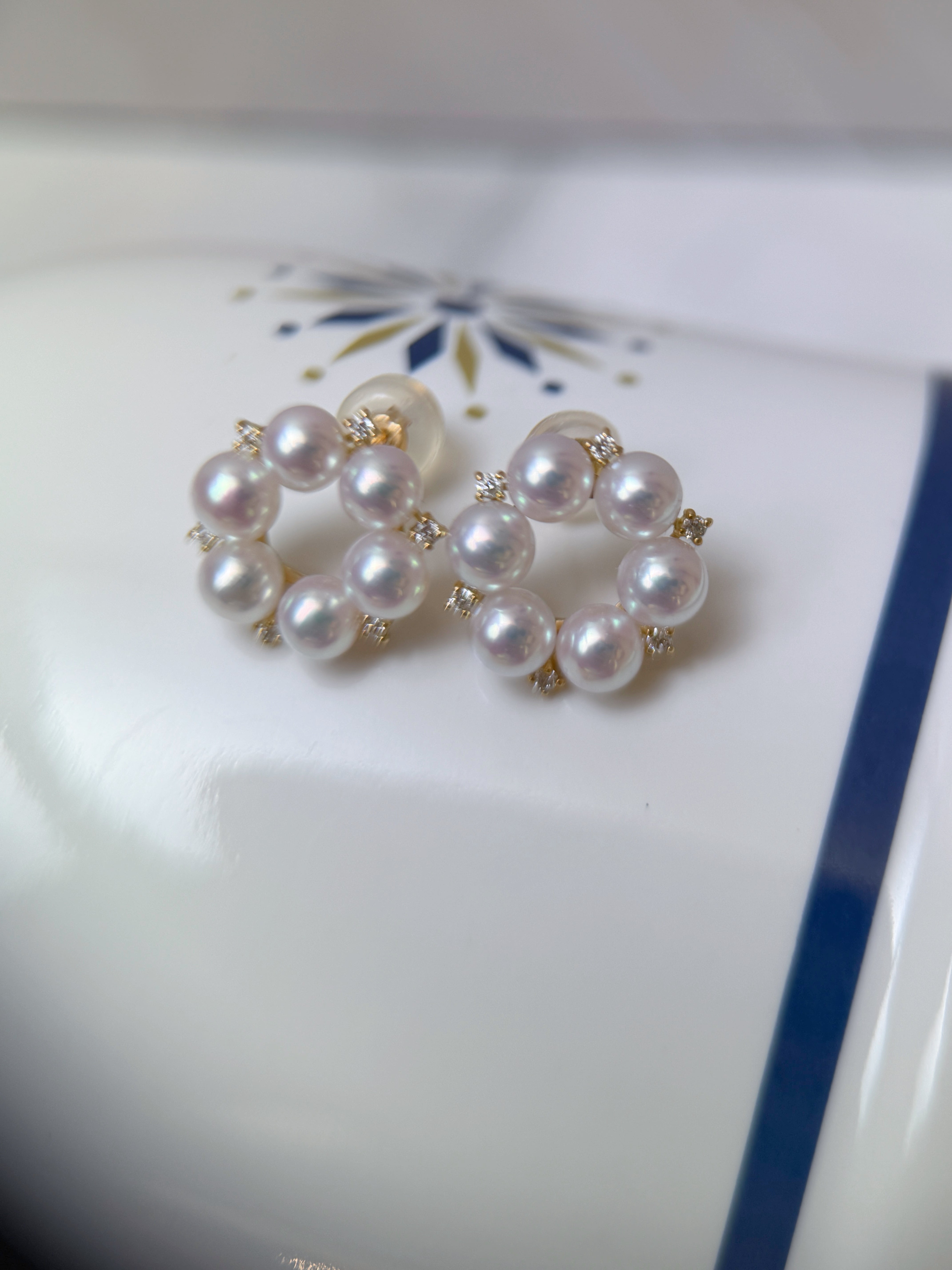 Japanese Akoya Pearl & Natural Diamond K18 Gold Flower Stud Earrings