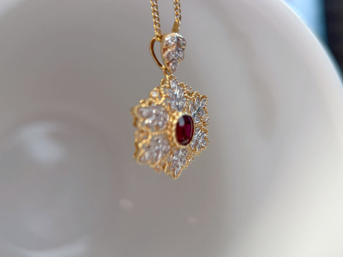 K18 Yellow Gold Ruby & Pavé Diamond Floral Pendant Necklace