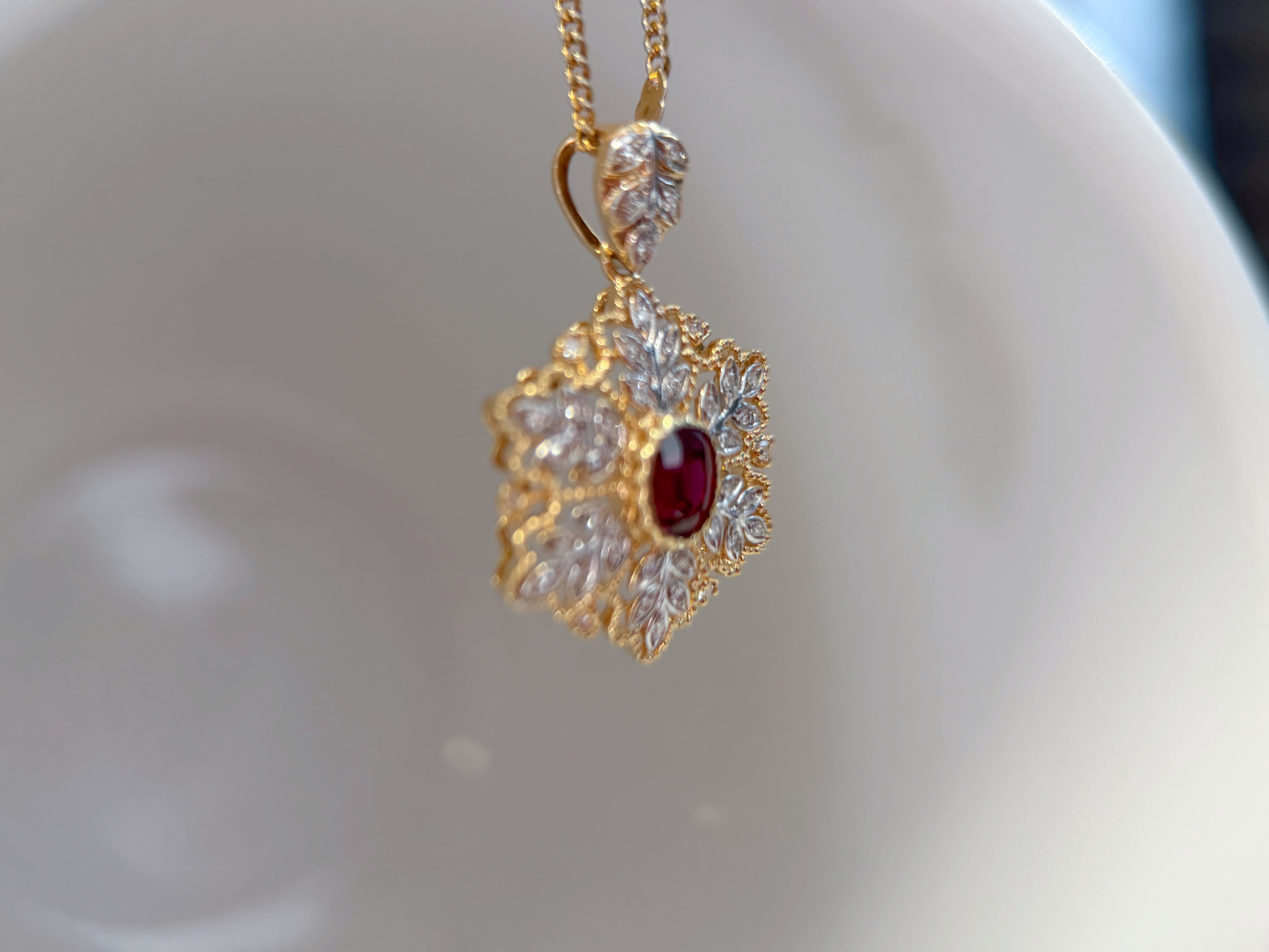 K18 Yellow Gold Ruby & Pavé Diamond Floral Pendant Necklace