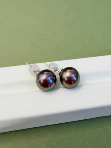 10-11mm Vivid Peacock Tahitian Pearls Stud Earrings in 18K White Gold