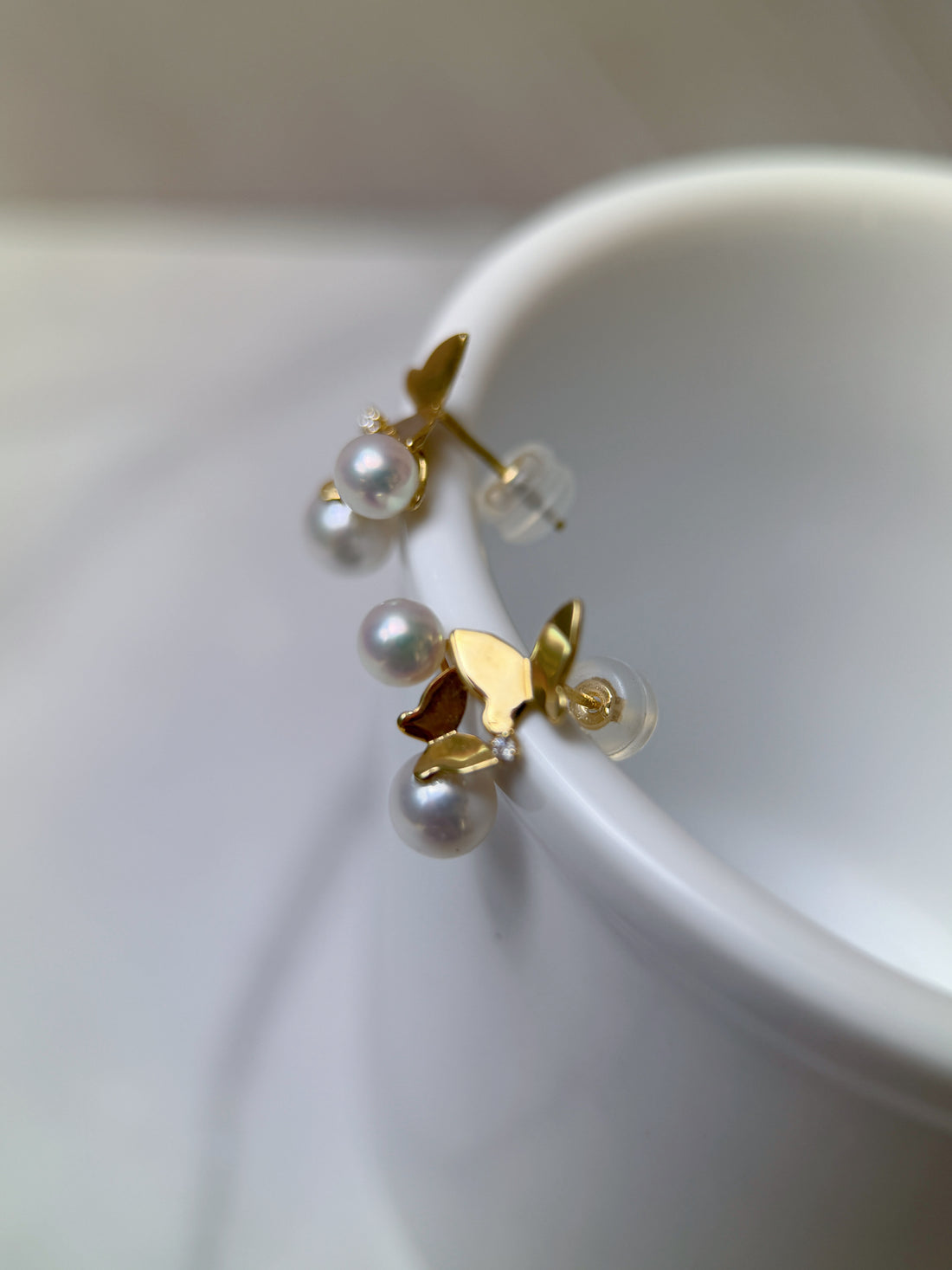 K18 Gold Diamond Butterfly Akoya Pearl Stud Earrings