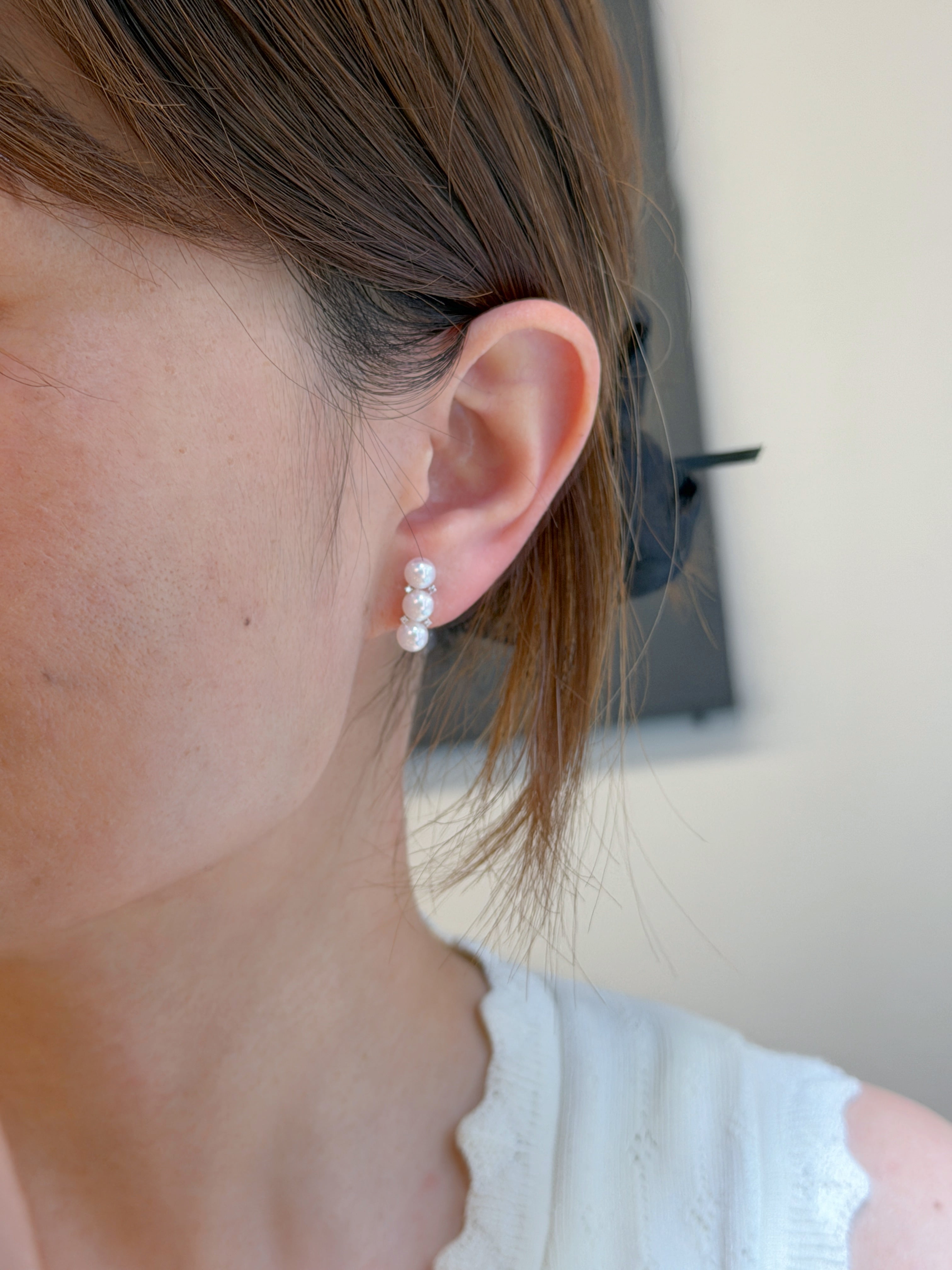 Japanese Akoya Pearl Triple Drop Diamond Platinum Stud Earrings