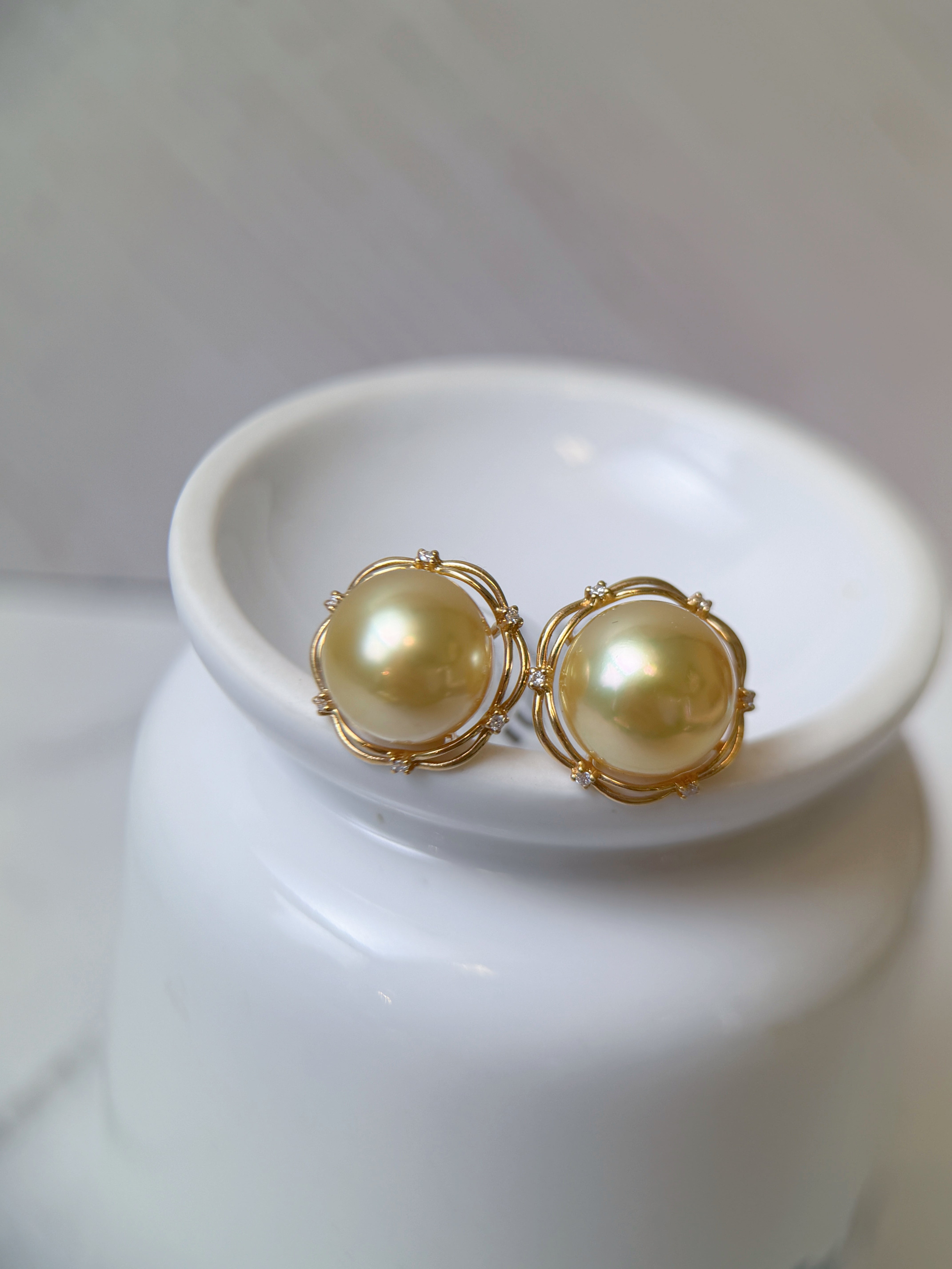K18 Gold Golden South Sea Pearl Floral Diamond Halo Stud Earrings