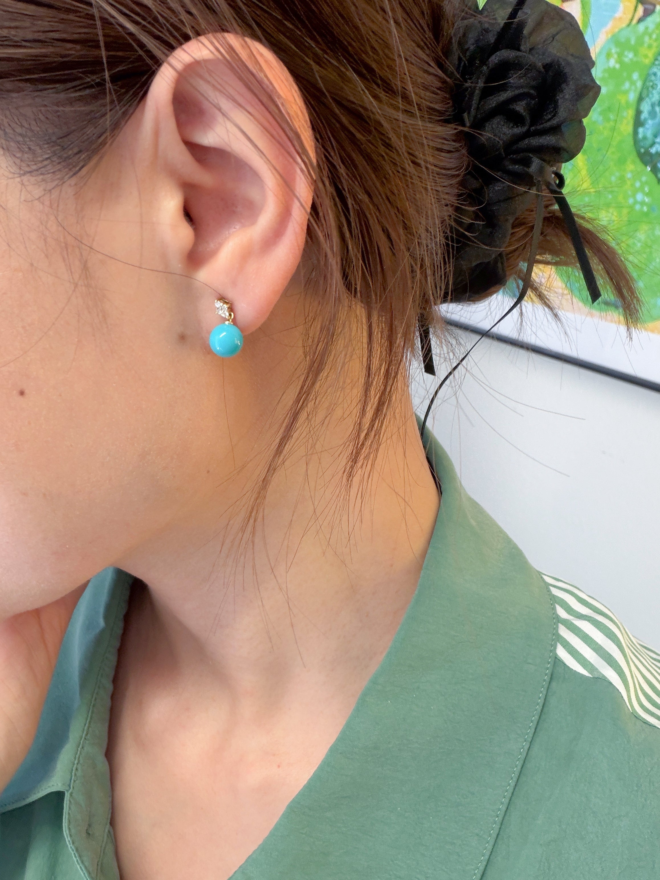 7–7.5mm Natural Sleeping Beauty Turquoise & Diamond Stud Earrings in K18 Yellow Gold