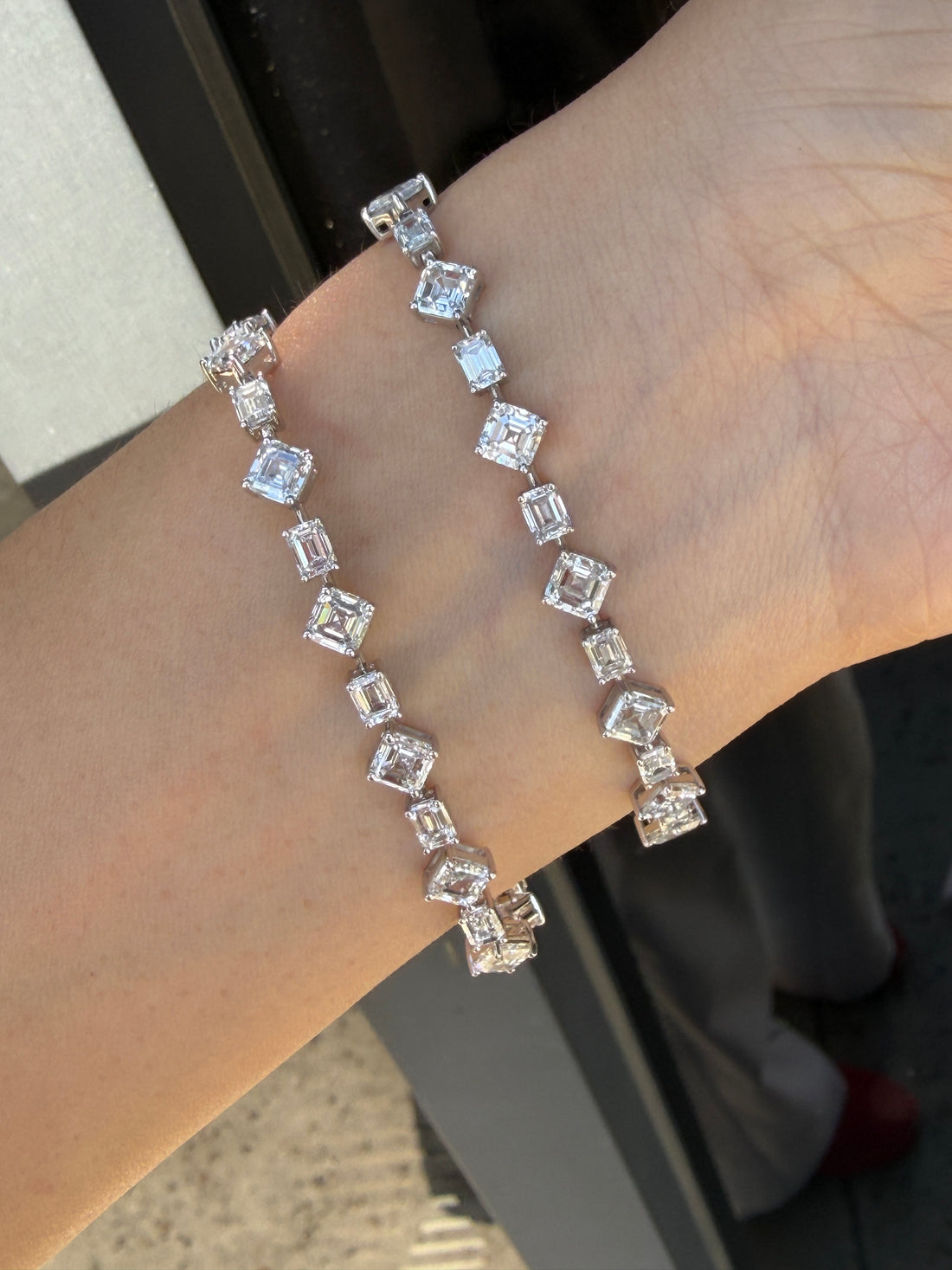 Alternating Emerald & Square Cut Lab-Grown Diamond Bracelet (18K White Gold)