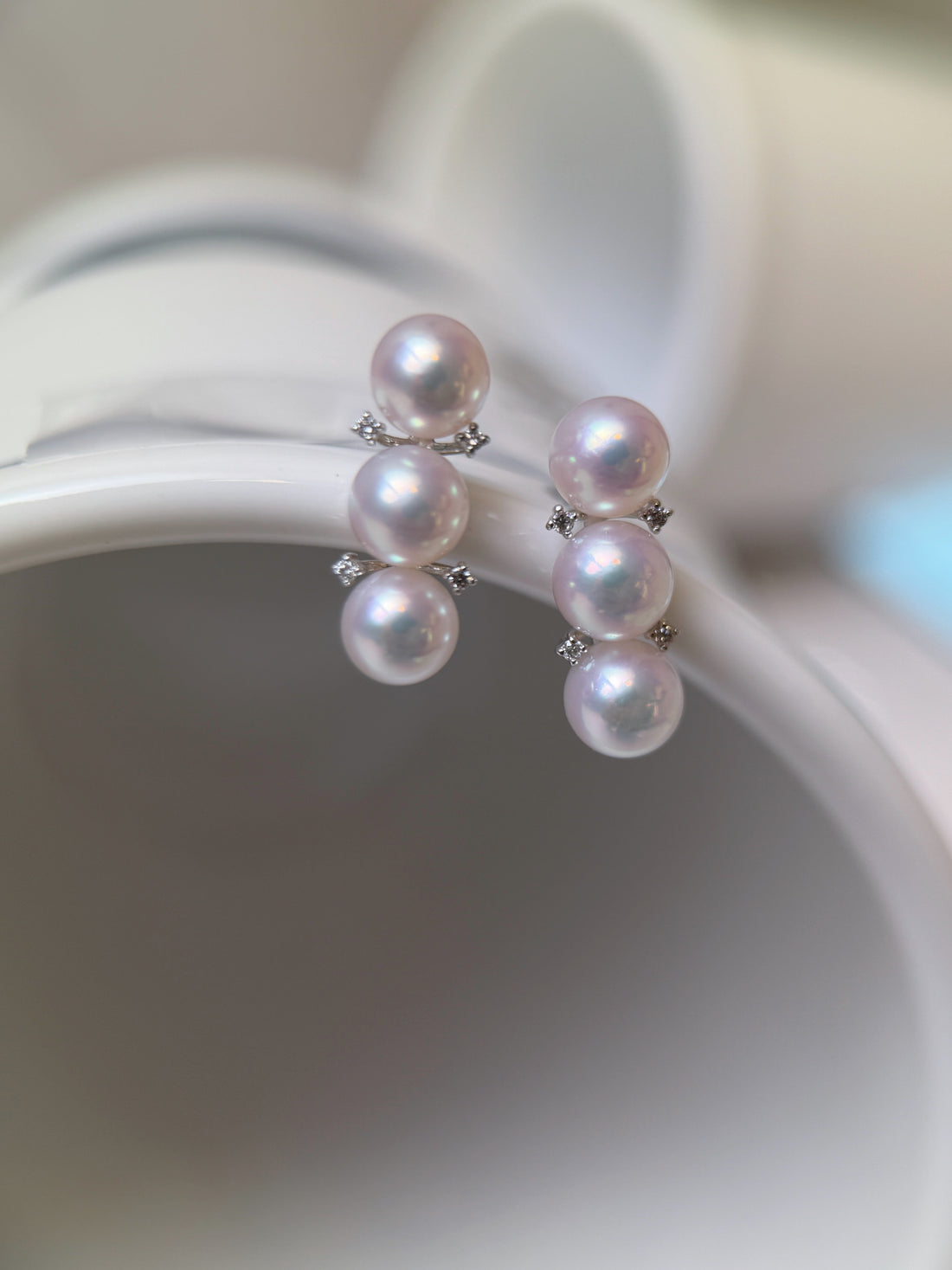 Japanese Akoya Pearl Triple Drop Diamond Platinum Stud Earrings