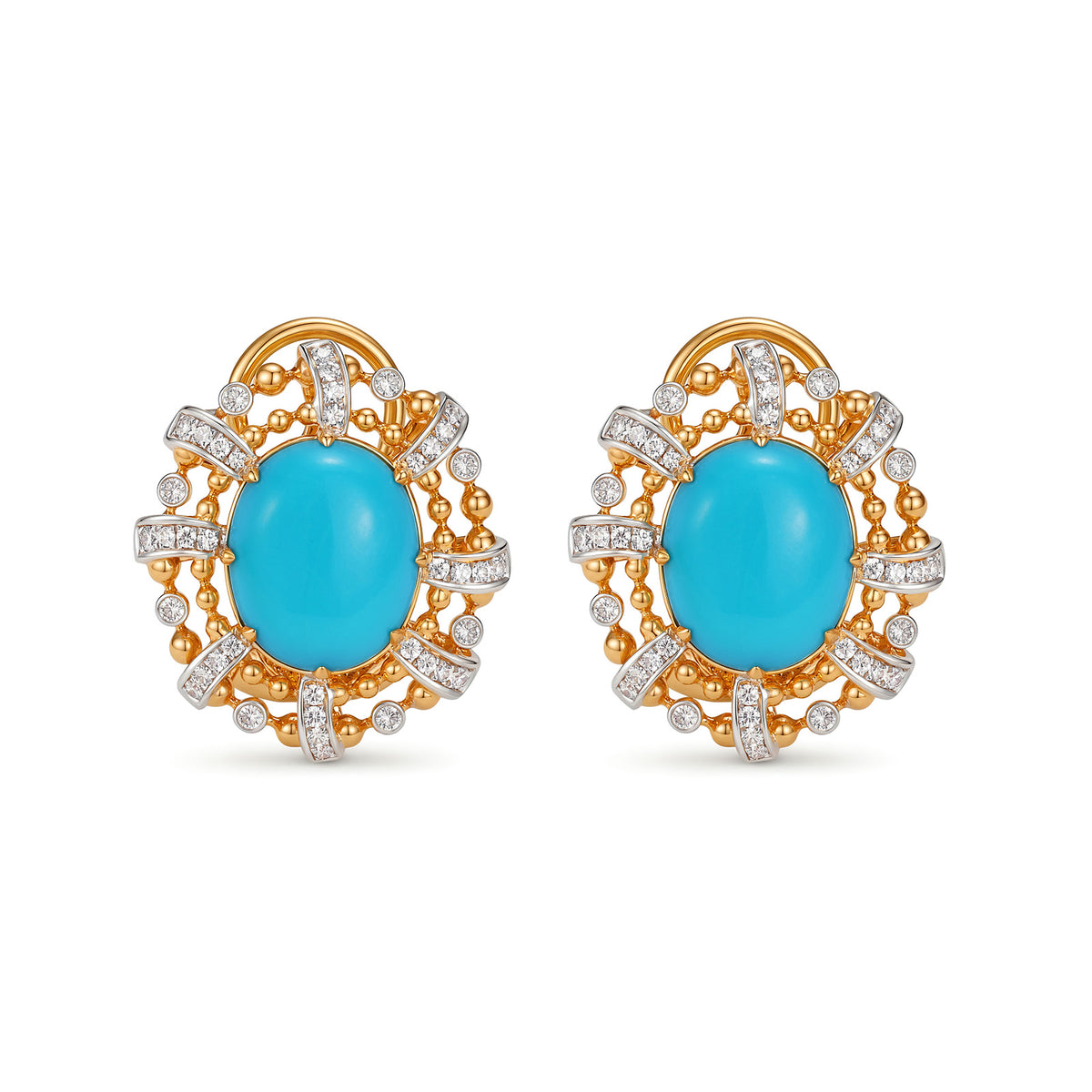 Oval Turquoise with Natural Diamonds Ear Clips in 18K