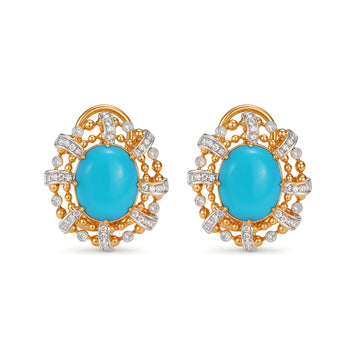 Oval Turquoise with Natural Diamonds Ear Clips in 18K