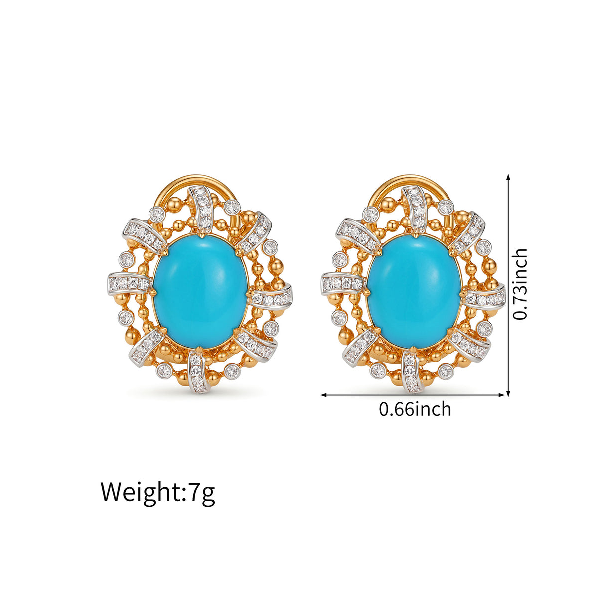 Oval Turquoise with Natural Diamonds Ear Clips in 18K