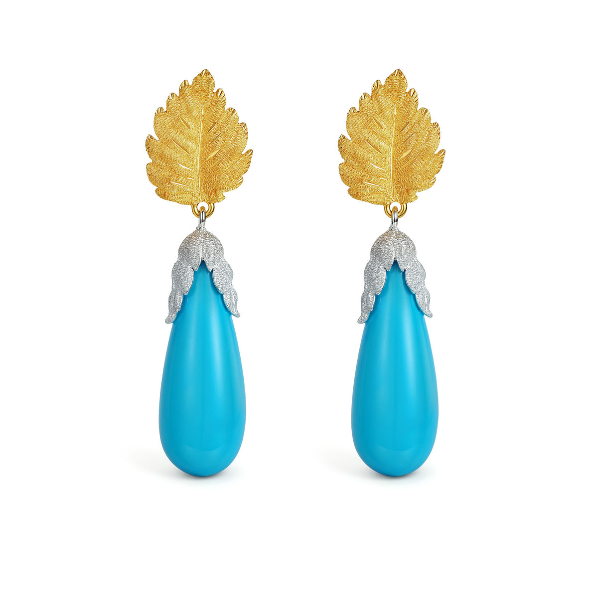 Teardrop Turquoise Leaf Drop Earrings in 18K Gold