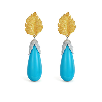 Teardrop Turquoise Leaf Drop Earrings in 18K Gold