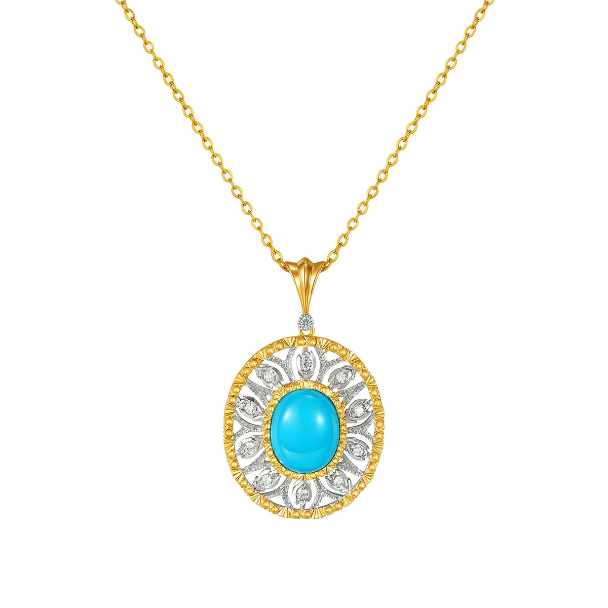 Oval Turquoise & Natural Diamonds Pendant in 18K