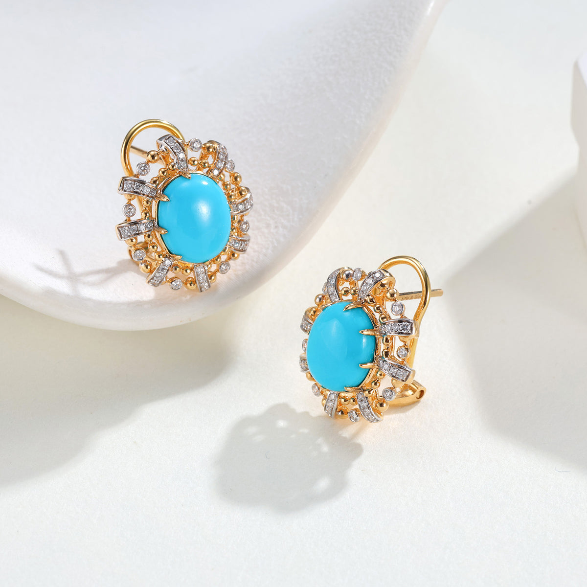 Oval Turquoise with Natural Diamonds Ear Clips in 18K