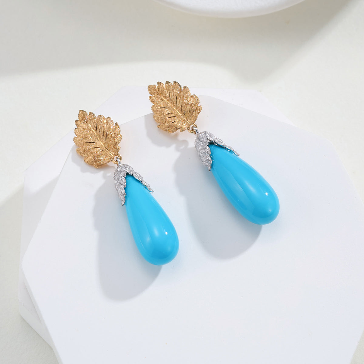 Teardrop Turquoise Leaf Drop Earrings in 18K Gold