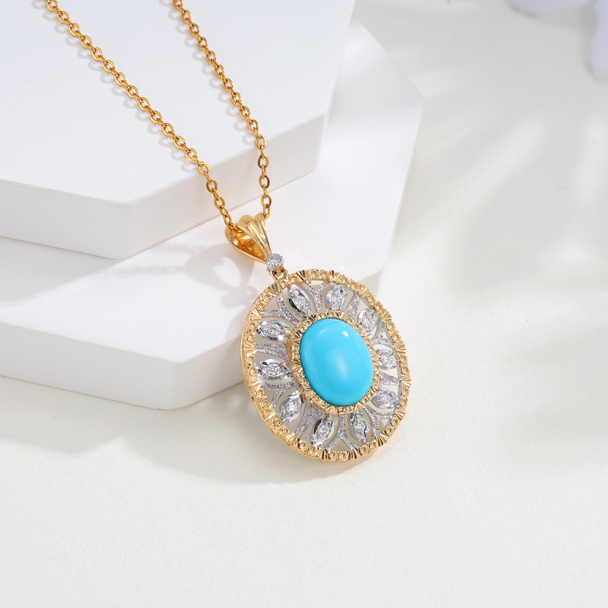Oval Turquoise & Natural Diamonds Pendant in 18K