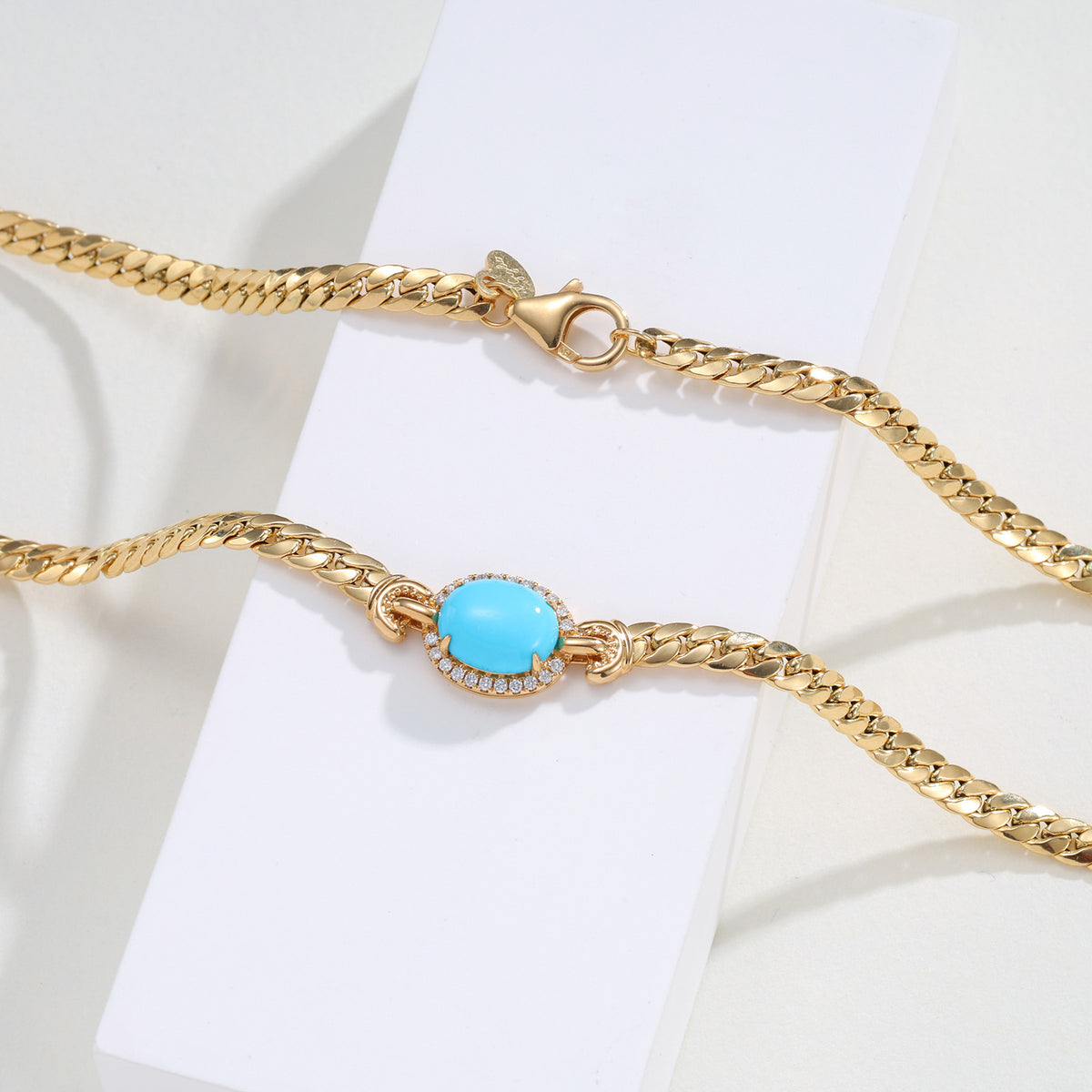 Turquoise & Natural Diamond Curb Chain Layering Necklace in 18K