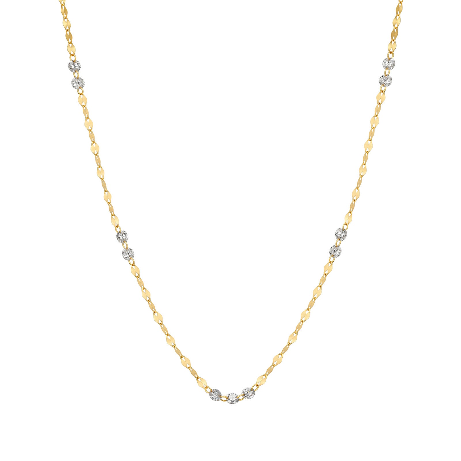 18K Yellow Gold Flat Link Station Diamond Necklace (≈0.085ct/p)