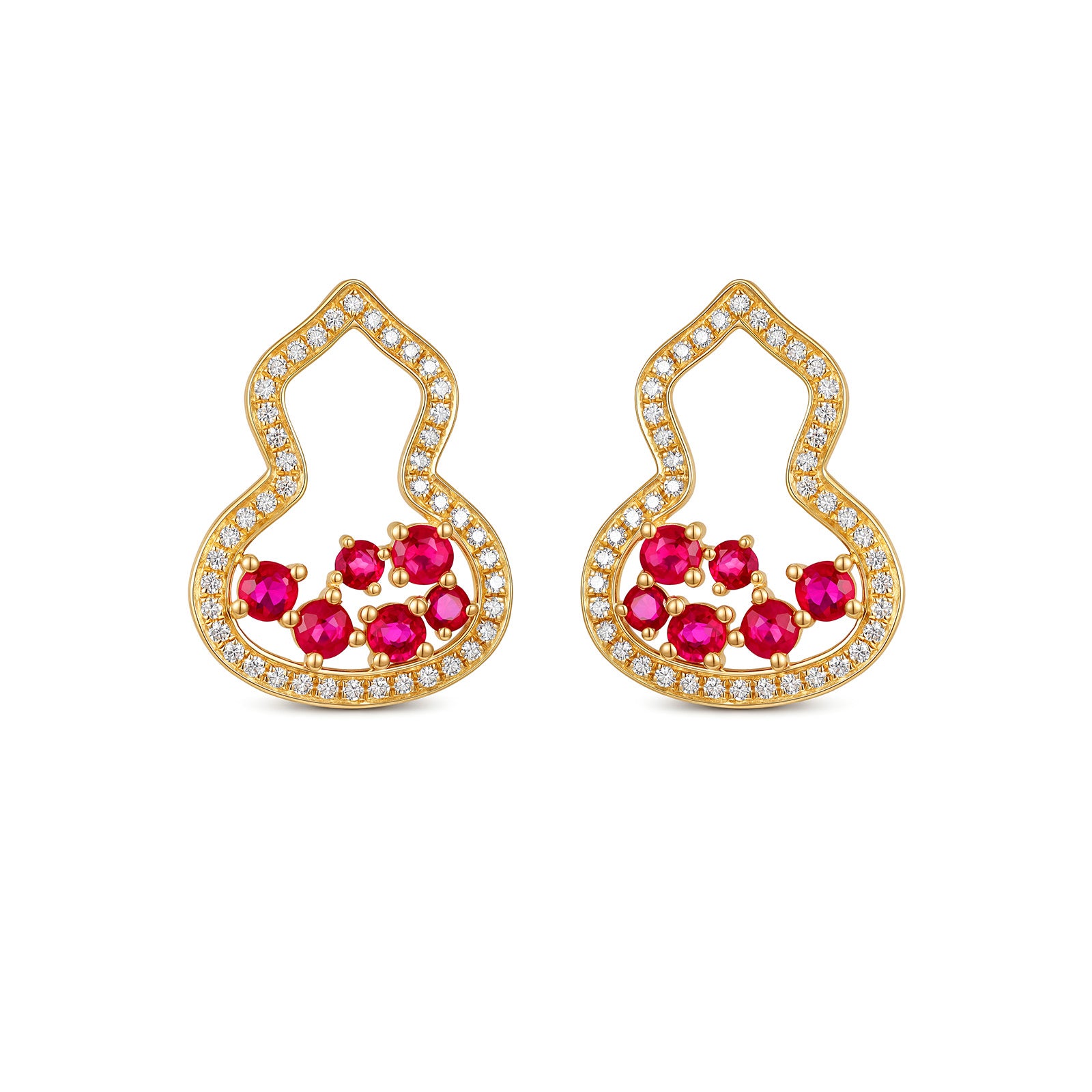 Natural Ruby & Diamond Open Silhouette Stud Earrings K18 Yellow Gold