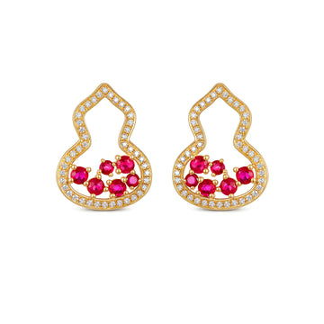 Natural Ruby & Diamond Open Silhouette Stud Earrings K18 Yellow Gold