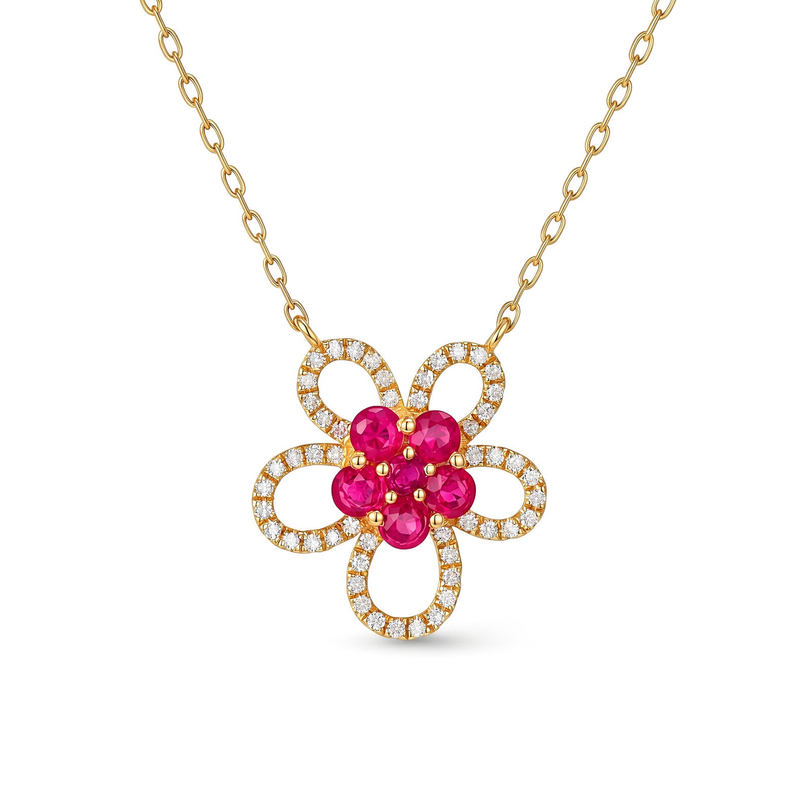 Five-Petal Ruby Flower Diamond Halo Necklace in 18K Yellow Gold