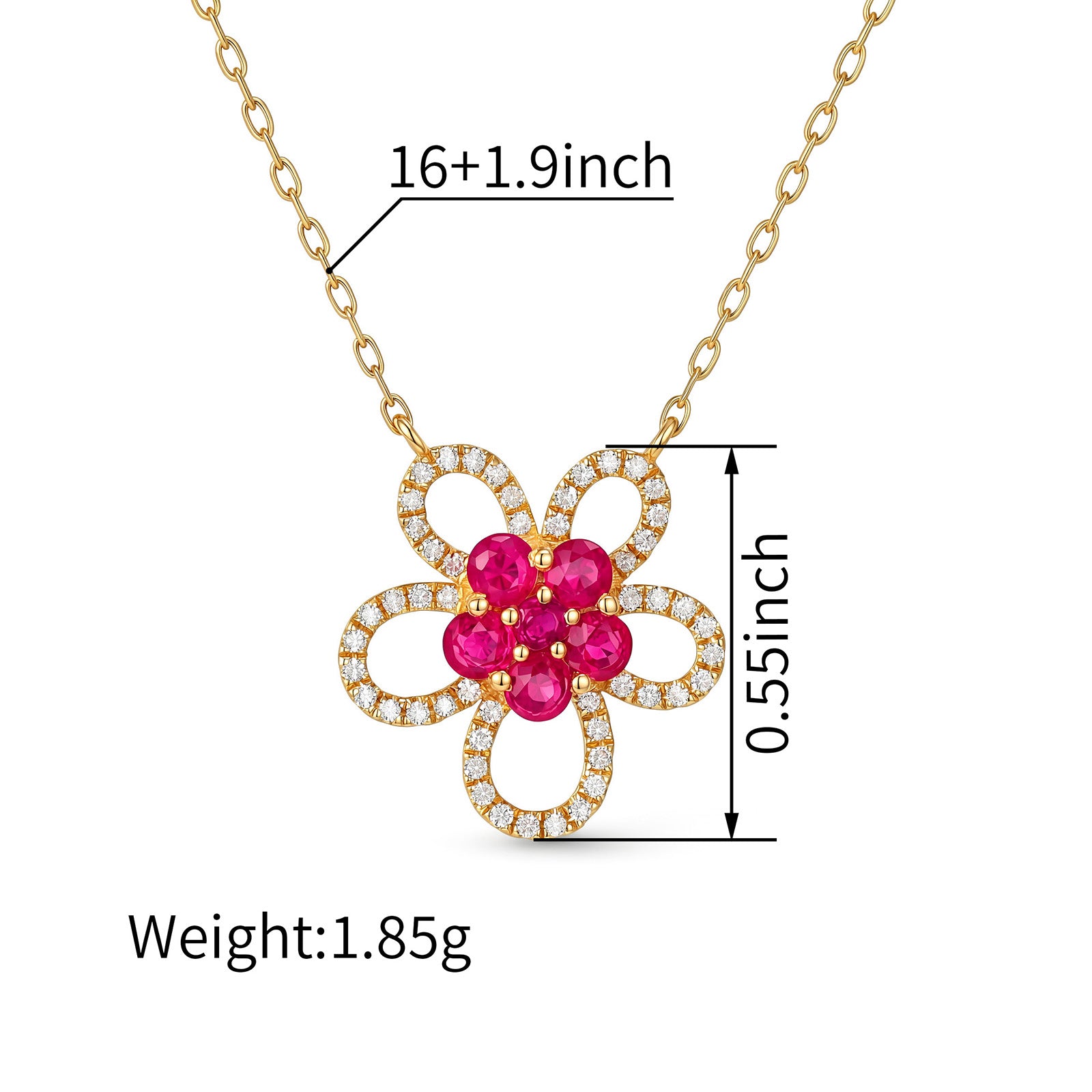 Five-Petal Ruby Flower Diamond Halo Necklace in 18K Yellow Gold