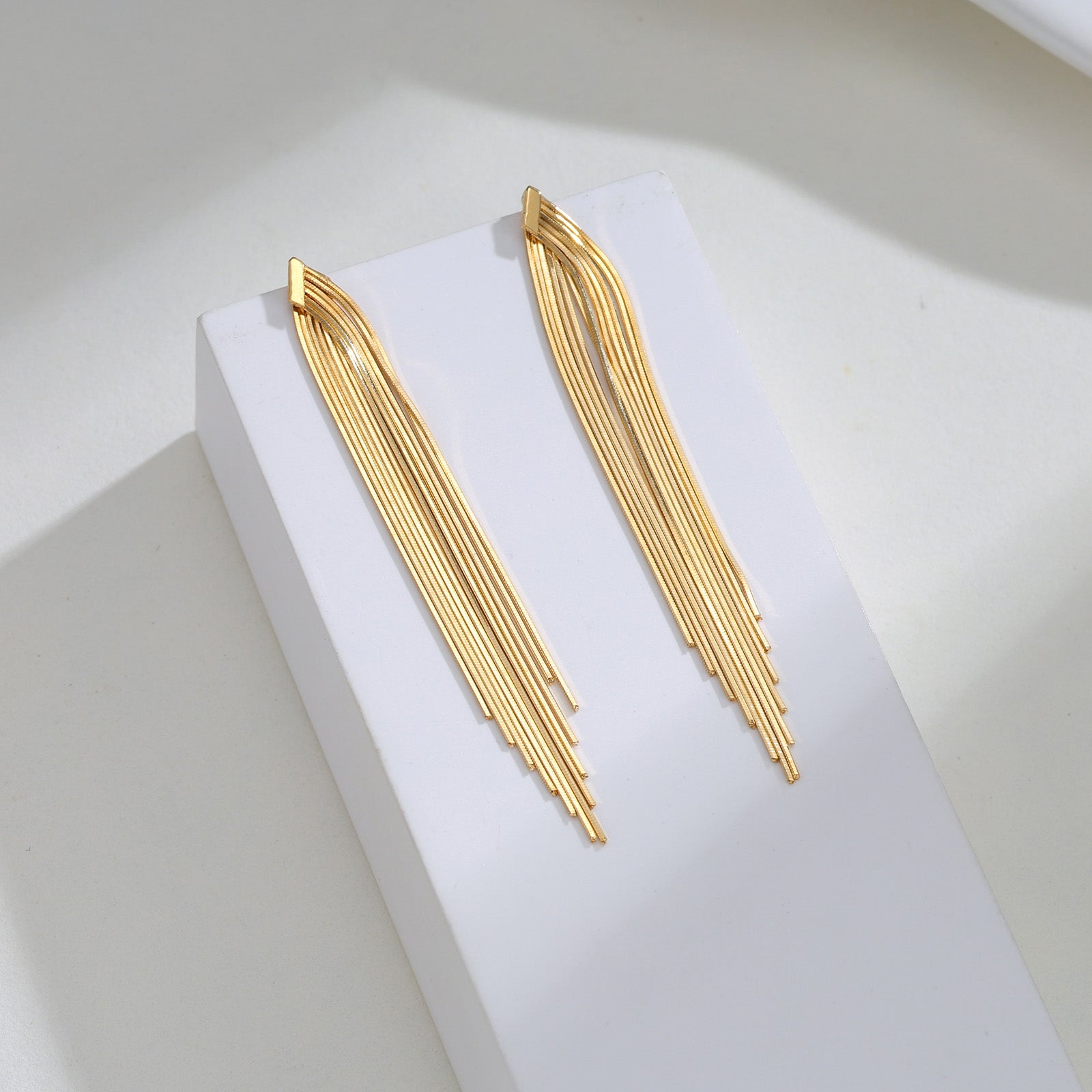 Long Snake Chain Tassel Drop Earrings in 18K Yellow Gold