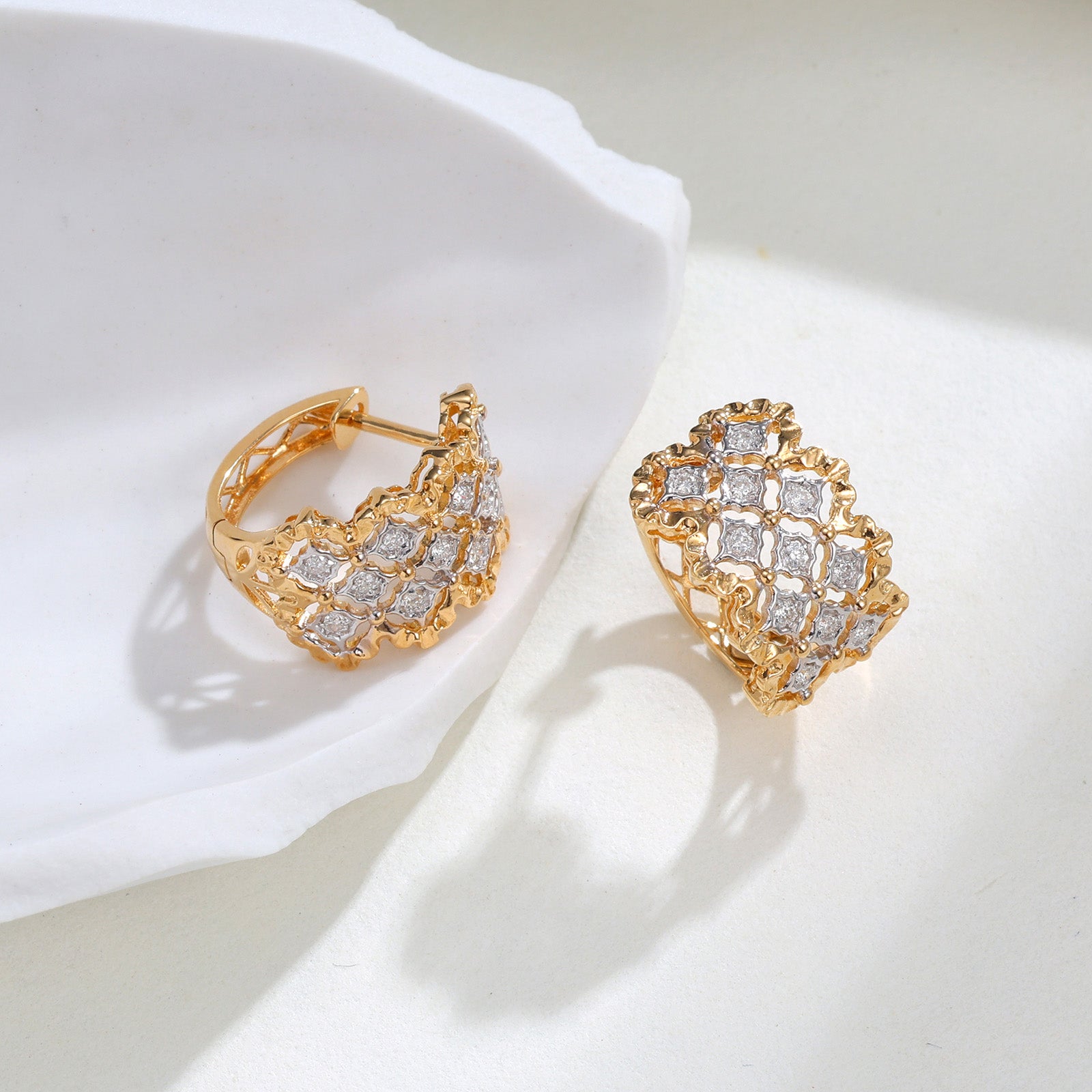Openwork 0.18ct Natural Diamond Huggie Hoop Earrings in K18 Yellow Gold