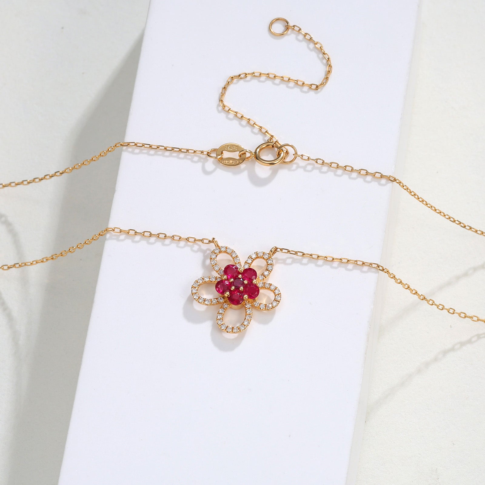 Five-Petal Ruby Flower Diamond Halo Necklace in 18K Yellow Gold