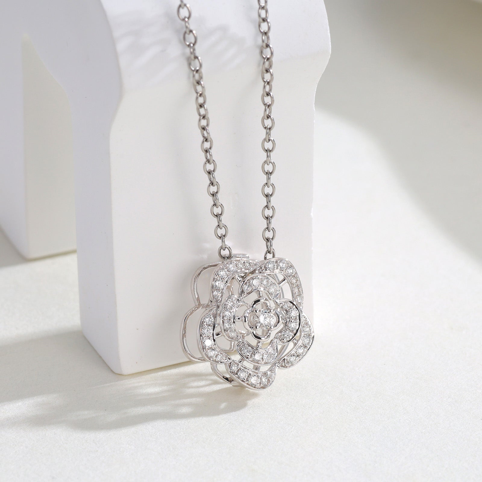 0.2ct Natural Diamond Camellia flower pendant Multi-Use 18K Gold