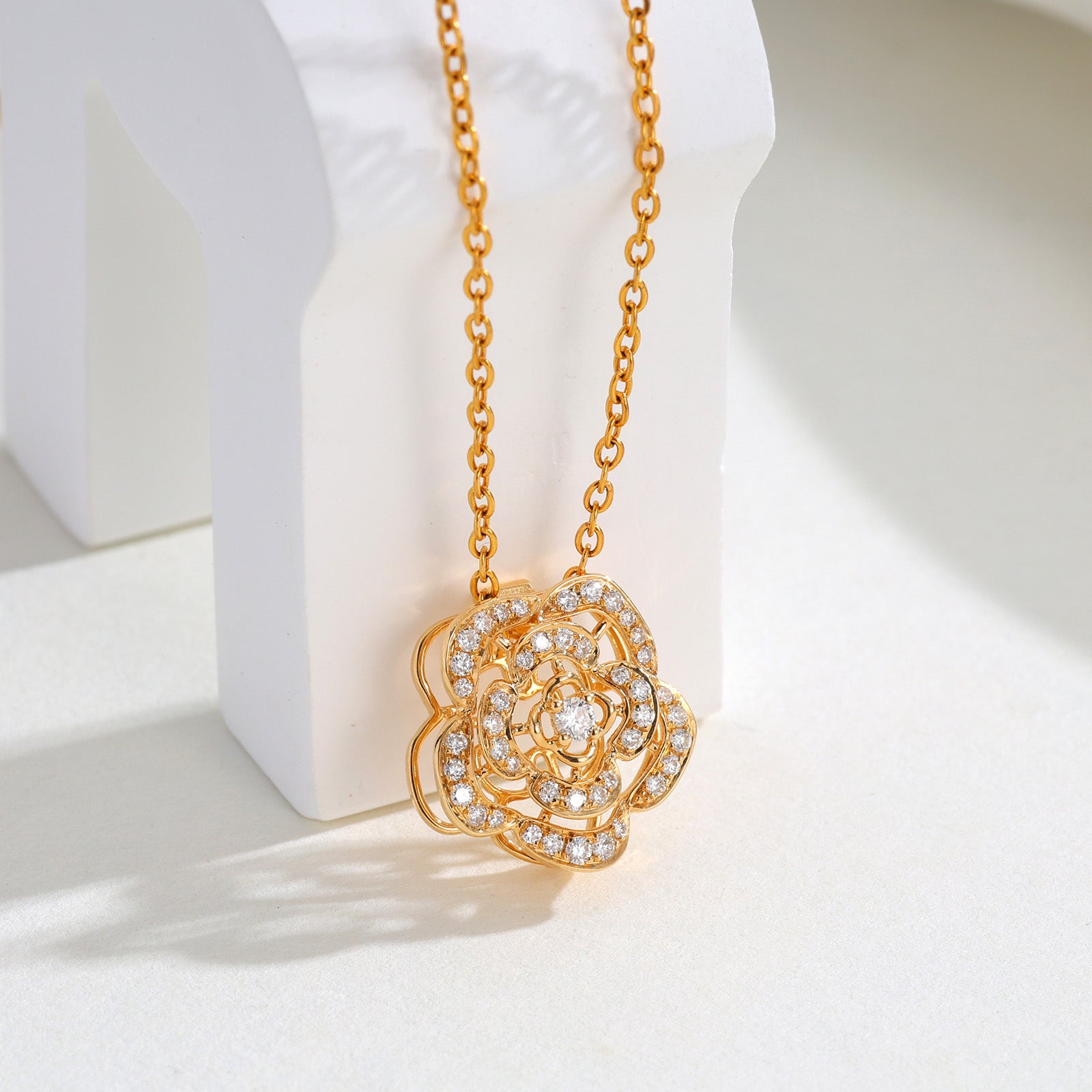 0.2ct Natural Diamond Camellia flower pendant Multi-Use 18K Gold
