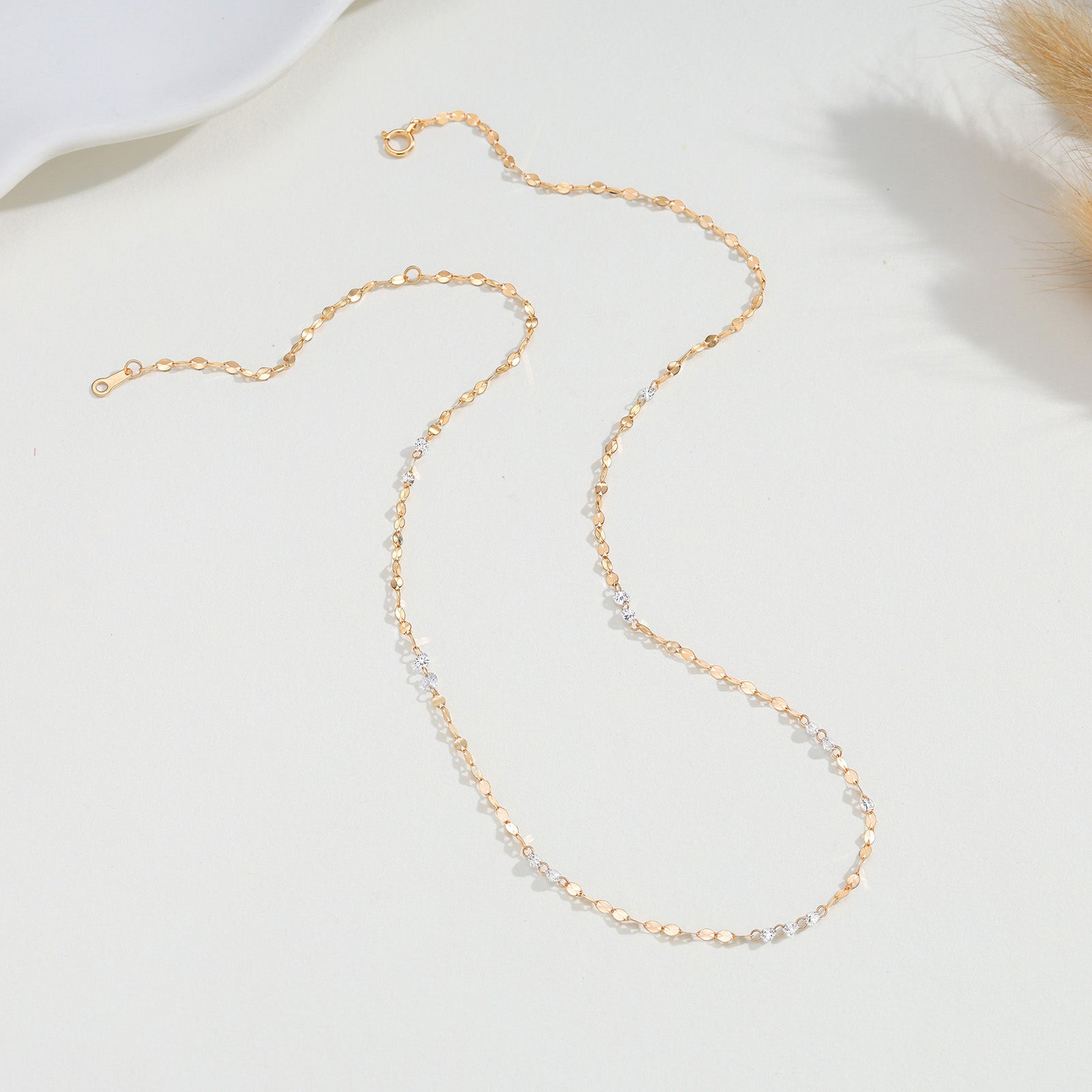 18K Yellow Gold Flat Link Station Diamond Necklace (≈0.085ct/p)
