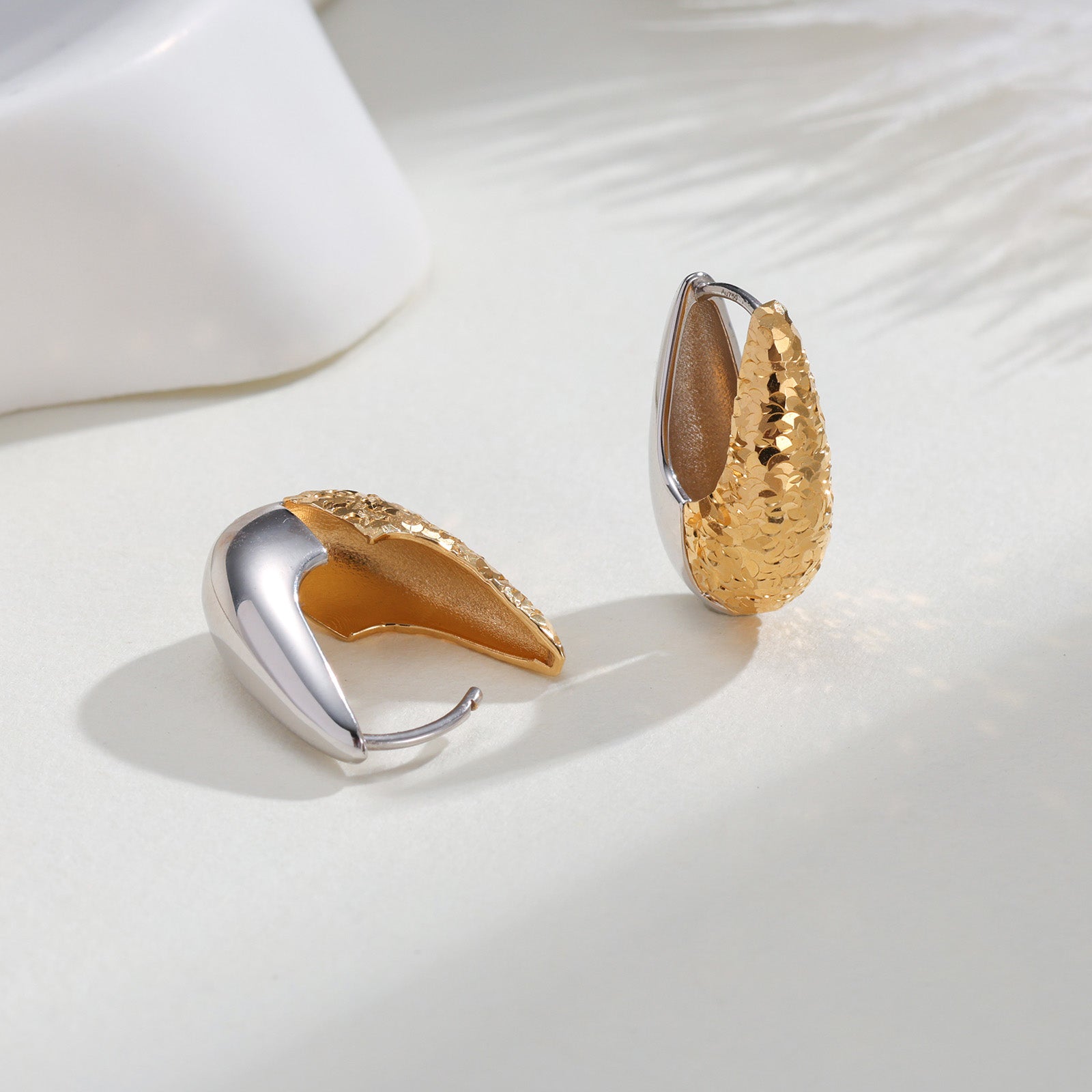 18K Two-Tone Teardrop Huggie Earrings
