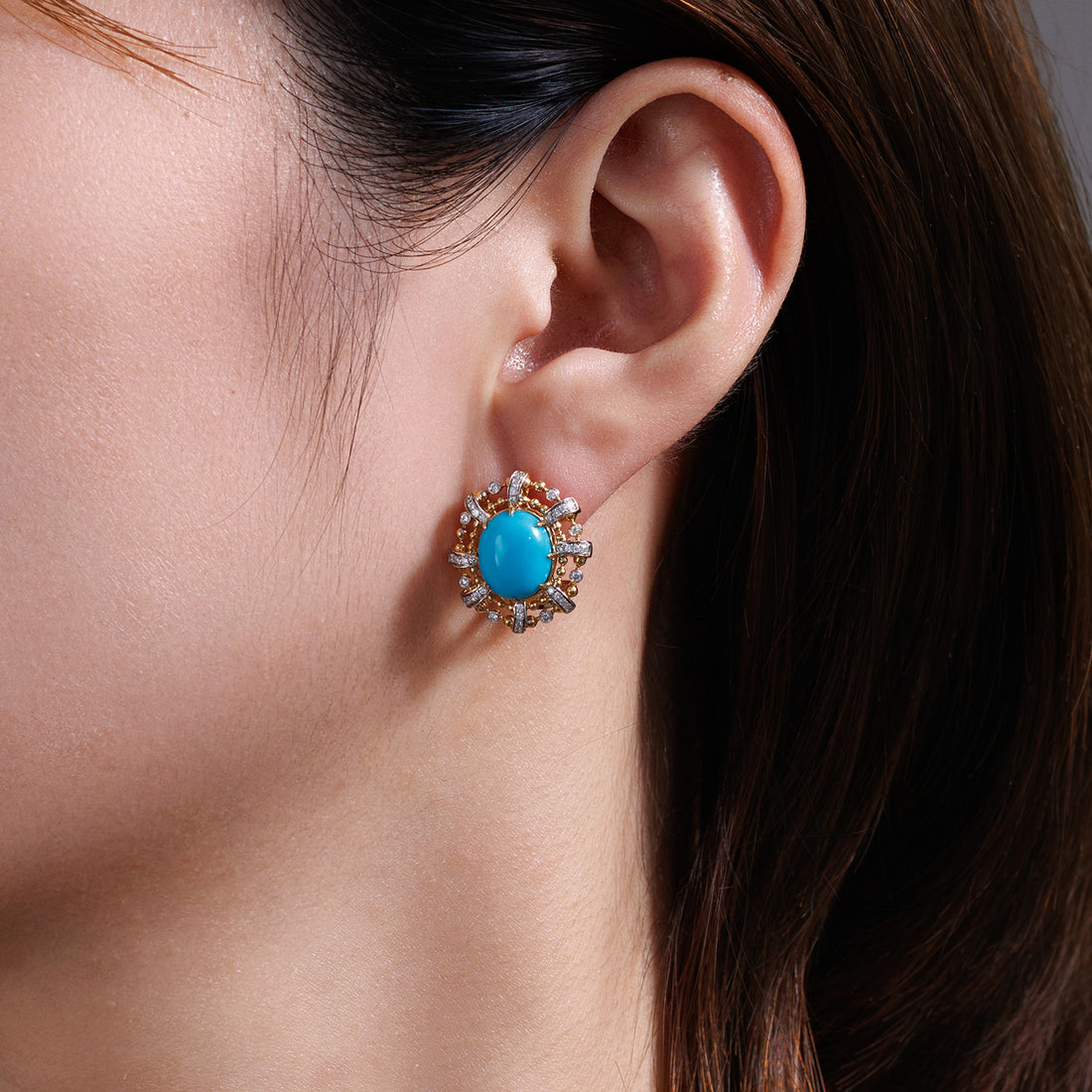 ⭐️Oval Turquoise with Natural Diamonds Ear Clips in 18K