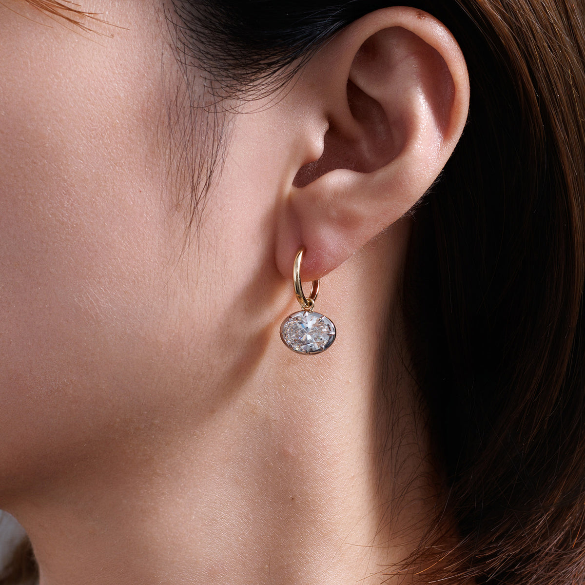 4CT Certified Oval Lab‑Grown Diamond Dangle Hoop Earrings in 14K Gold