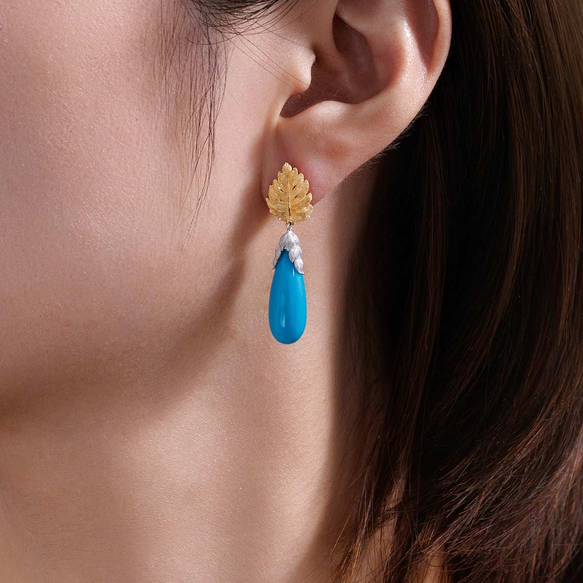 Teardrop Turquoise Leaf Drop Earrings in 18K Gold