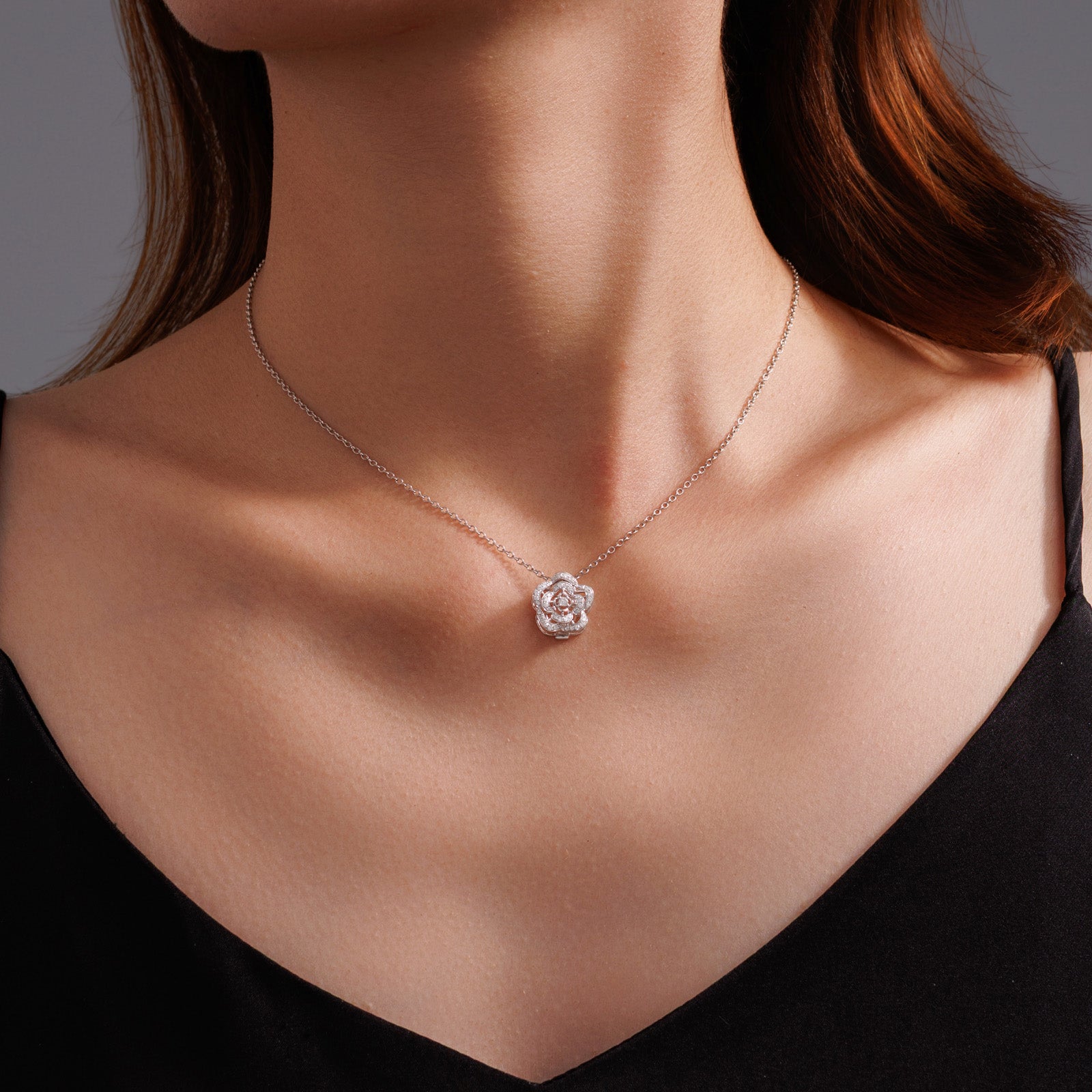 0.2ct Natural Diamond Camellia flower pendant Multi-Use 18K Gold