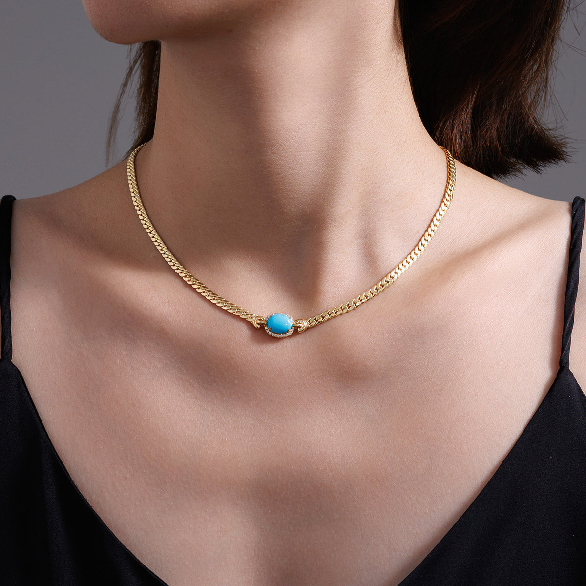Turquoise & Natural Diamond Curb Chain Layering Necklace in 18K